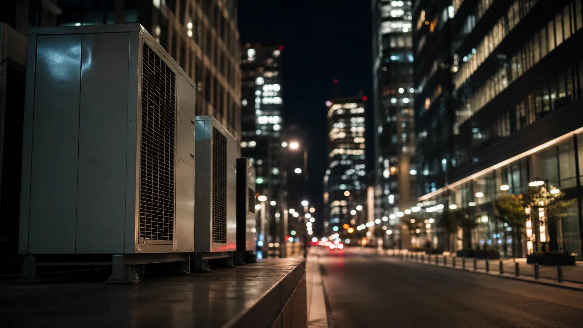 Night view along a city street with illuminated high-rise buildings in the blurred background and large grey outdoor HVAC units on a raised platform in the left foreground.