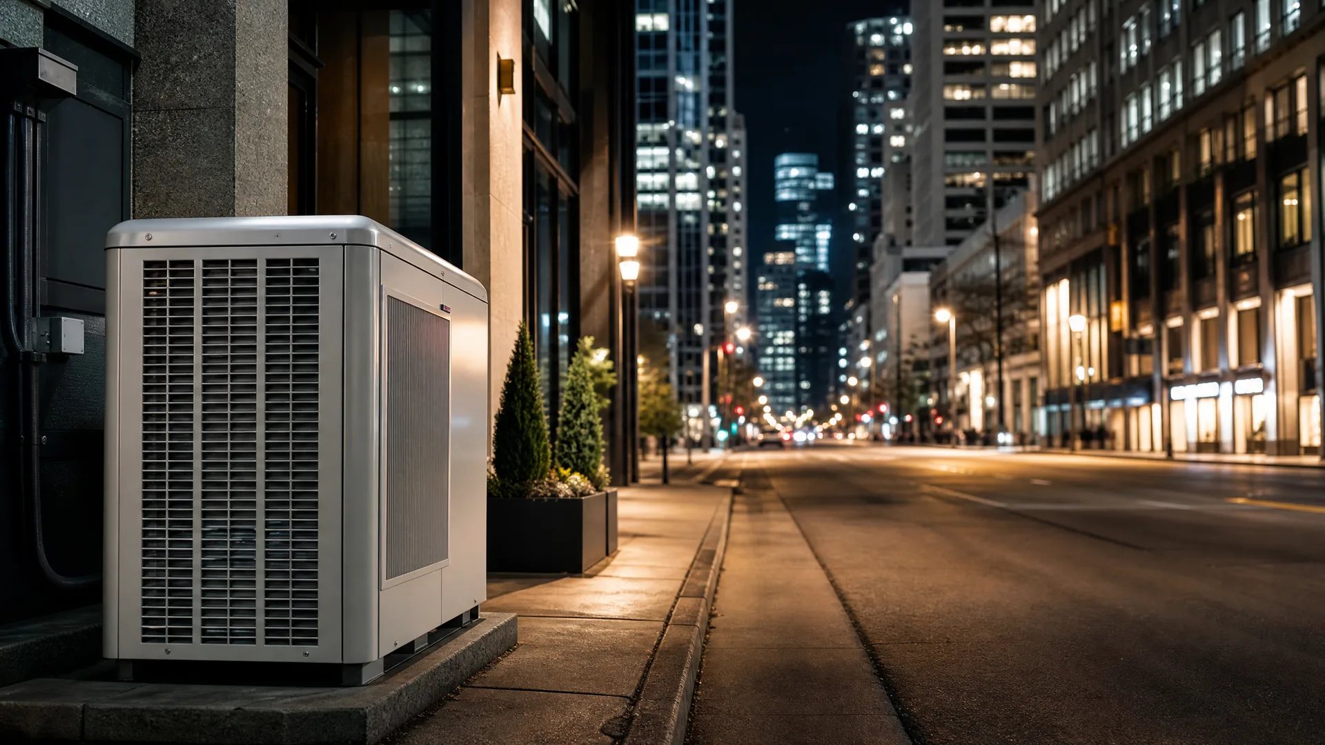 A white outdoor HVAC condenser unit on a concrete pad beside a building on a city sidewalk at night, with a lit street and tall buildings receding in the background.