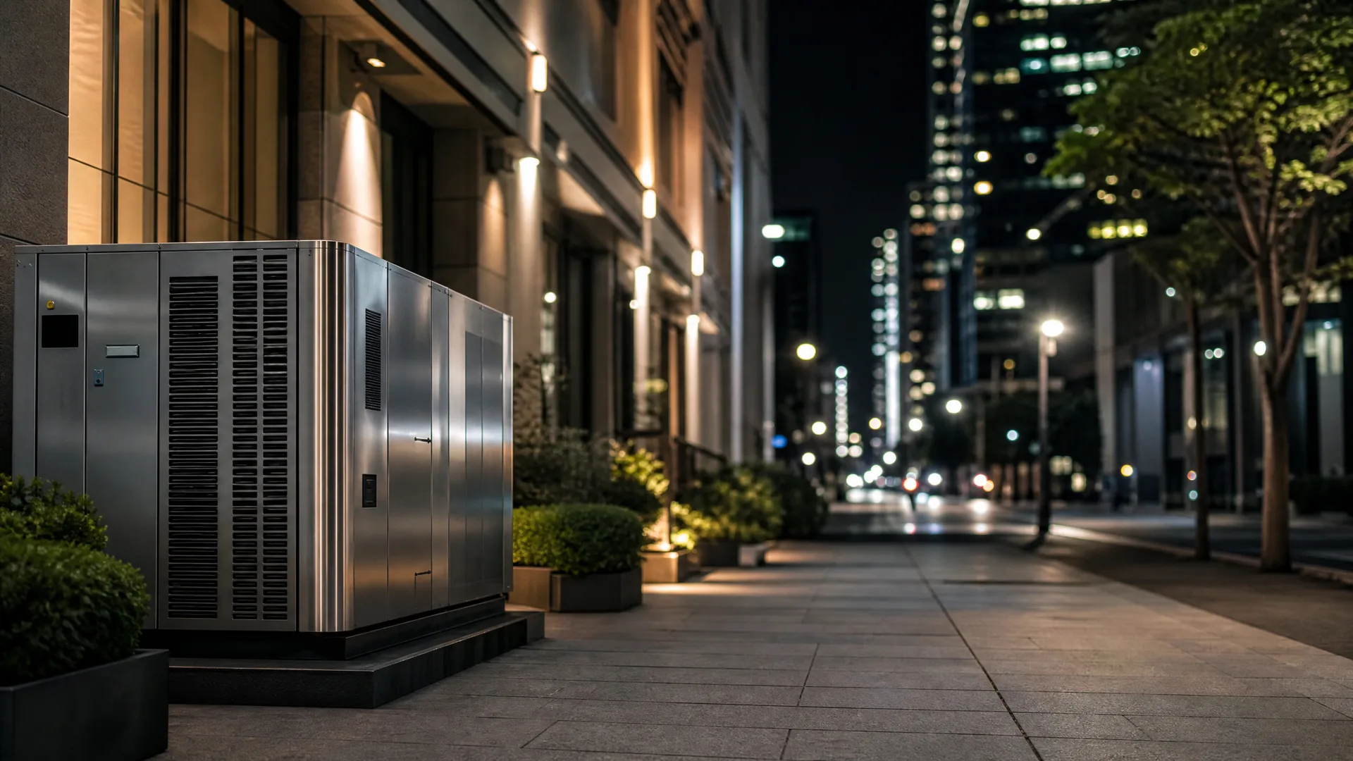A large stainless steel HVAC or generator unit on a concrete pad beside a building, with a paved sidewalk, shrubs and planters, and blurred city lights at night in the background.