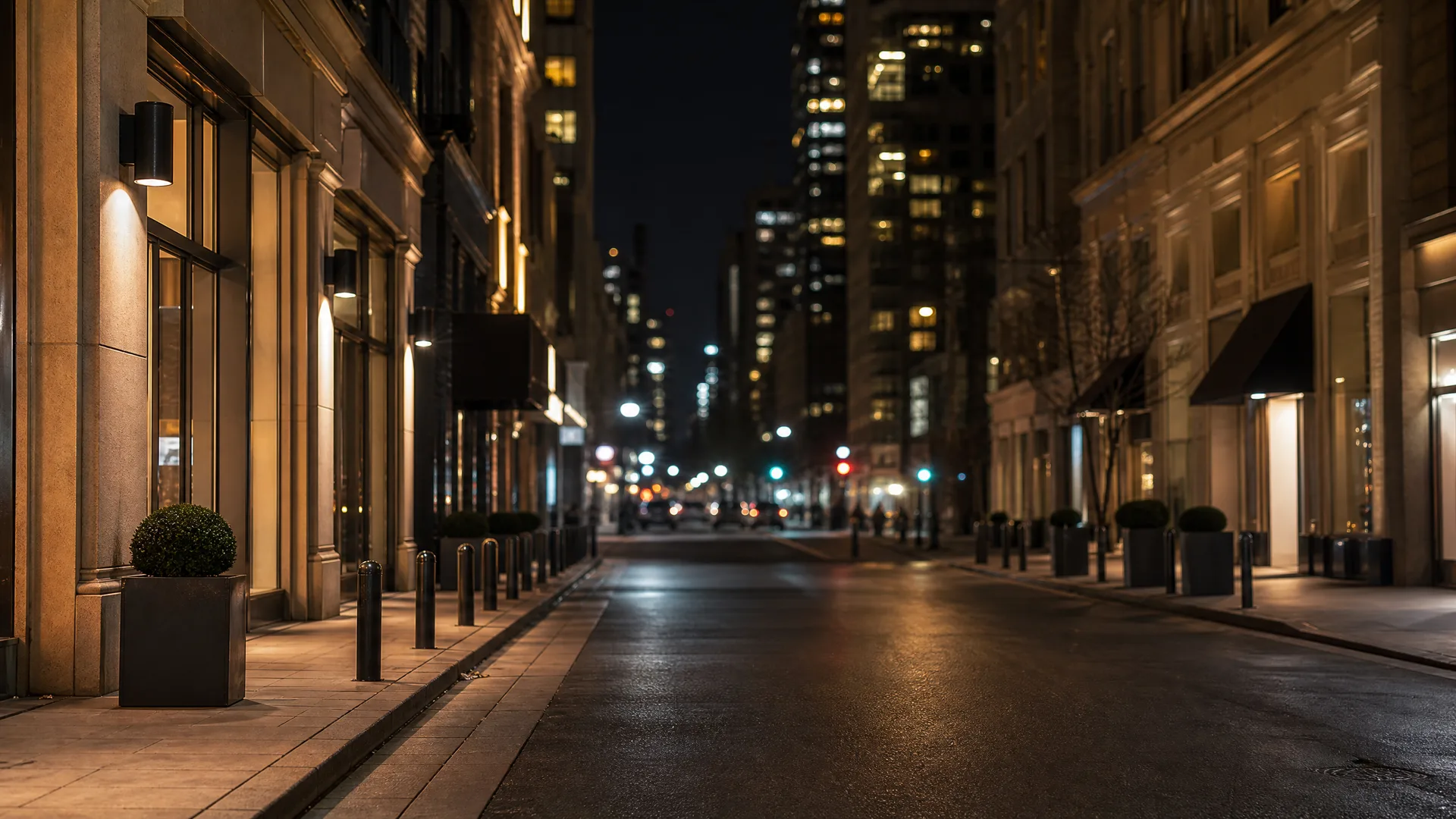 A empty city street at night lined with stone-faced buildings, bollards, planters with shrubs, and lit storefront windows, with blurred high-rise lights in the distance.