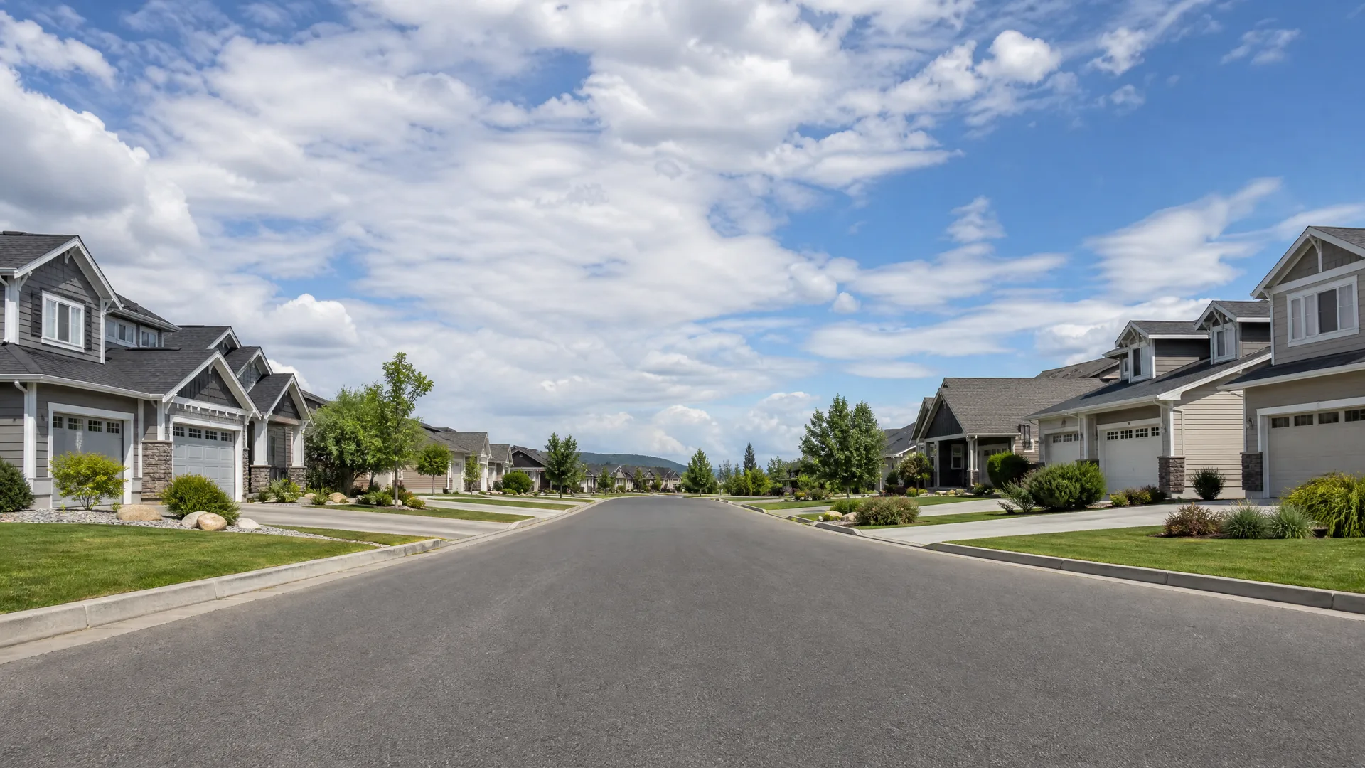 An empty paved residential street lined with two-story houses with attached garages, lawns and small shrubs, under a partly cloudy sky with low hills in the distance.