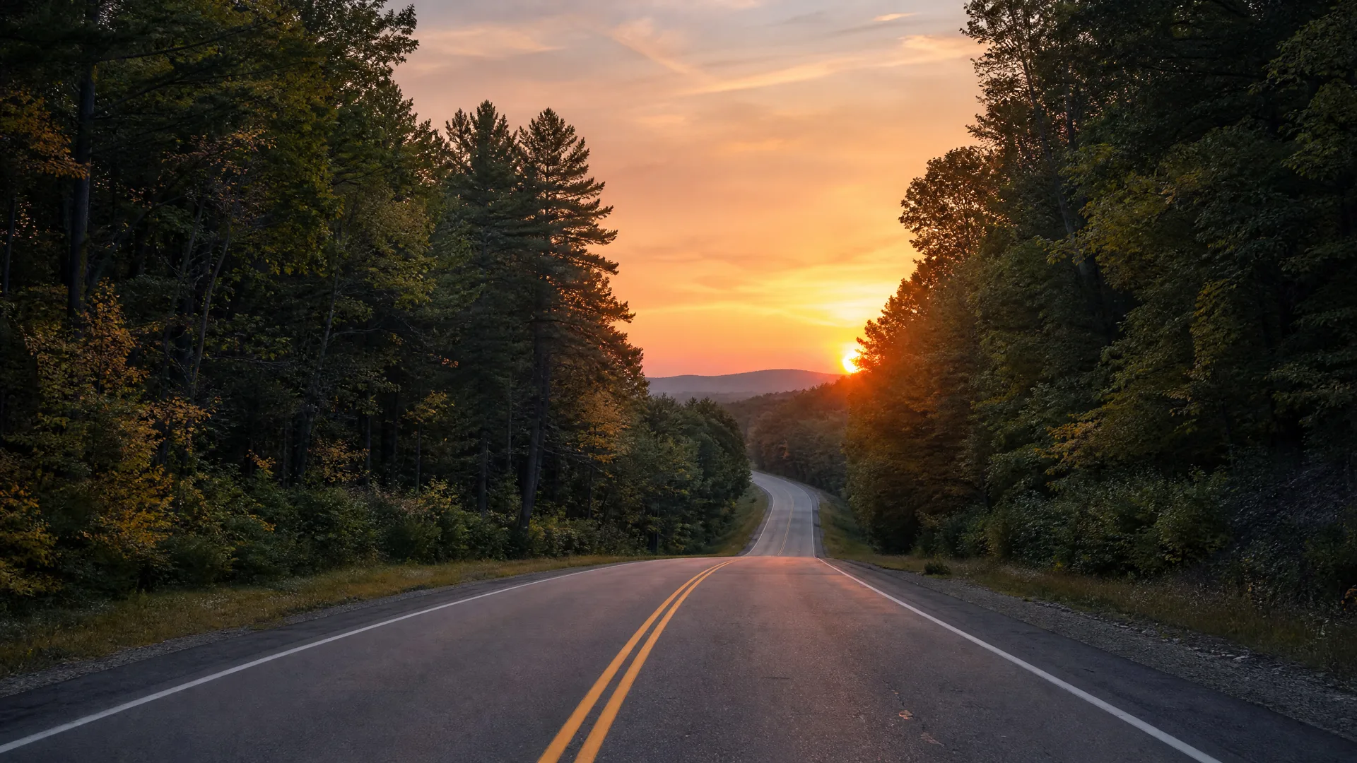 A two-lane paved road with double yellow center lines curves toward a setting sun on the horizon, flanked by dense conifer and deciduous forest with distant low hills.