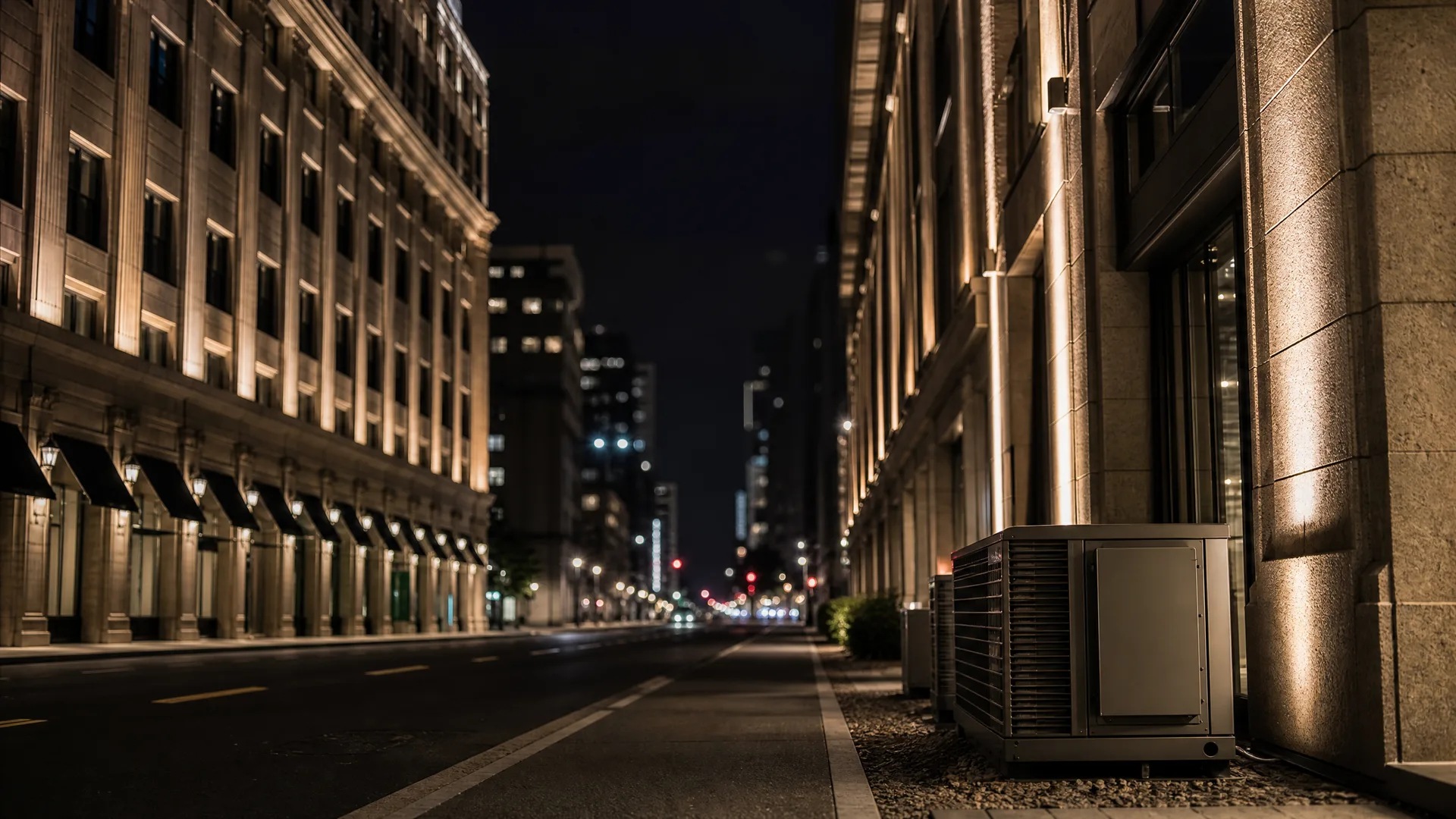 A deserted city street at night lined with illuminated stone office buildings, with an outdoor air-conditioning condenser unit on a gravel strip in the right foreground and distant traffic lights down the road.