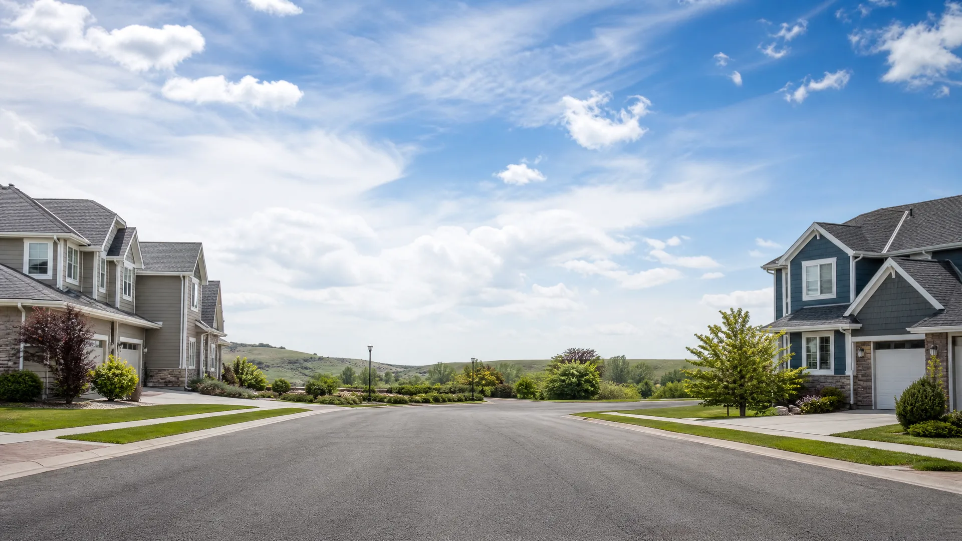 An empty paved residential street lined with two-story houses with attached garages, lawns and shrubs, opening onto low green hills under a blue sky with scattered clouds.