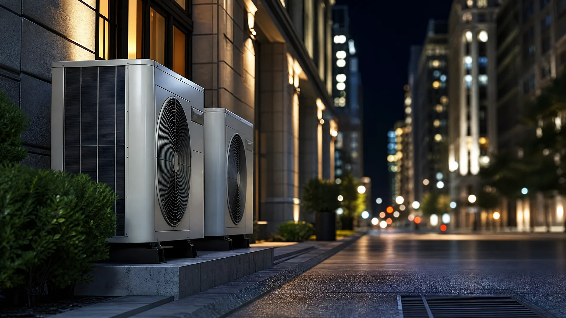 Two outdoor HVAC condenser units on a concrete pad beside a stone-clad building at night, with a wet city street and blurred lit high-rises in the background.