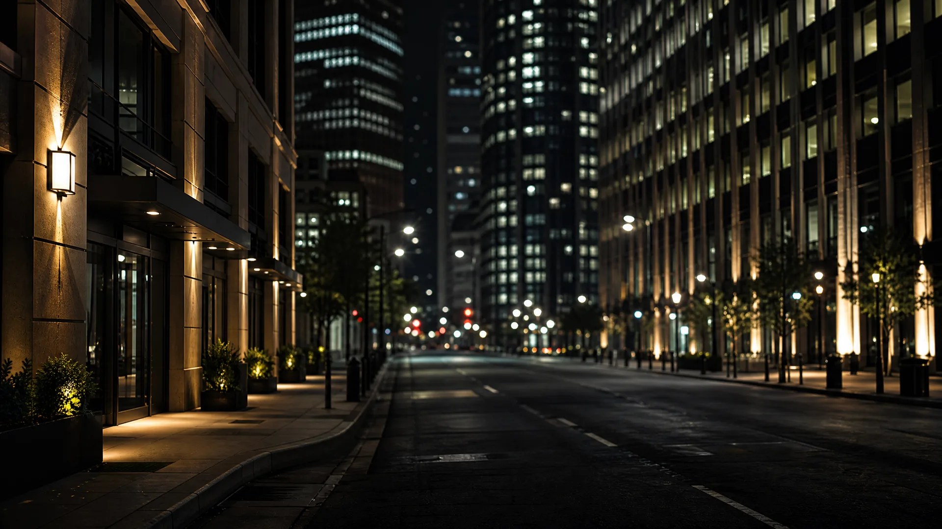 An empty city street at night lined with illuminated high-rise office buildings, a lit wall lamp and planters on the stone sidewalk at left, and blurred street lights receding into the distance.