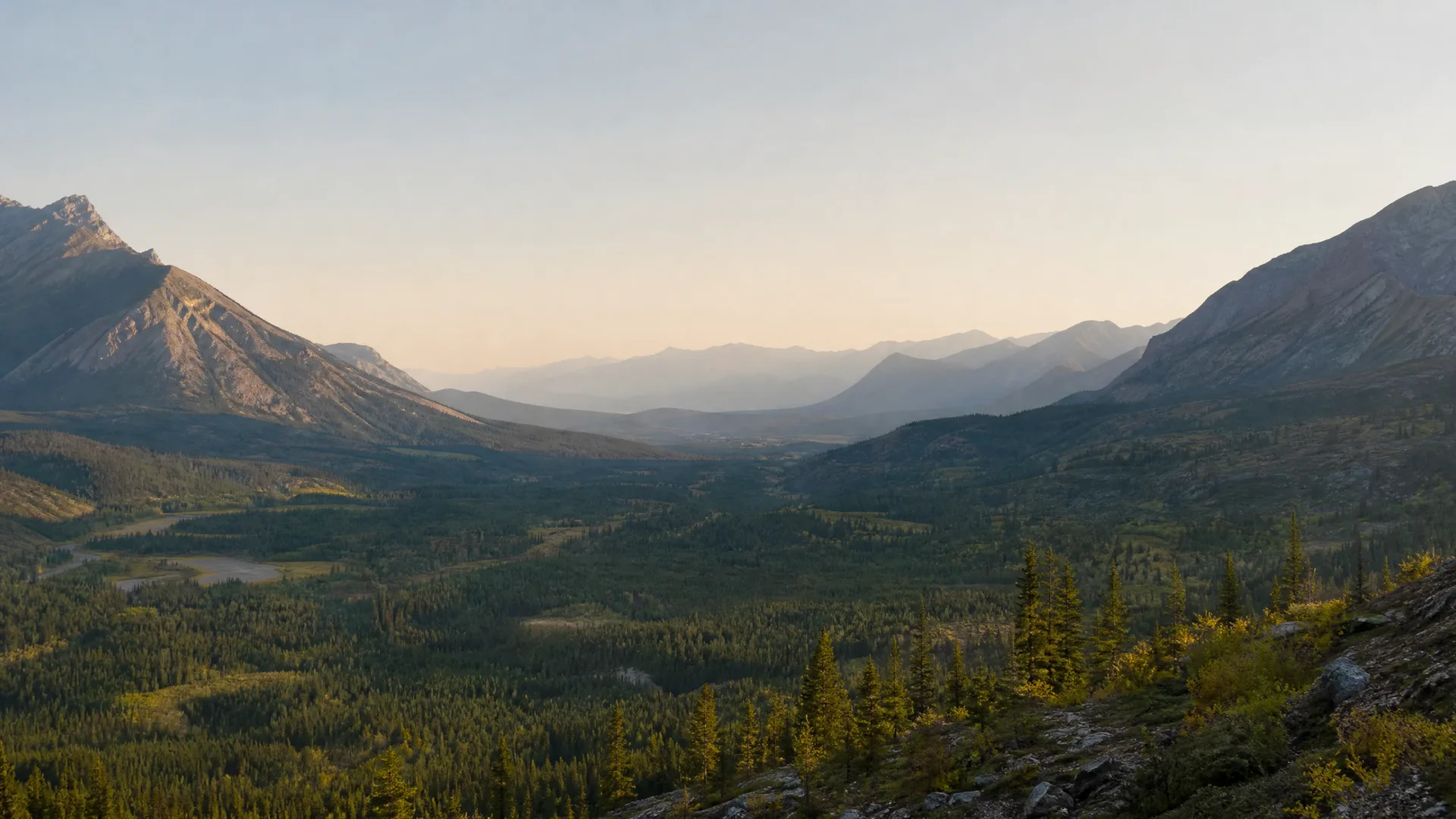 A wide valley covered in conifer forest, flanked by rocky ridges and layered hazy mountains under a pale sky, seen from a rocky slope in the foreground.