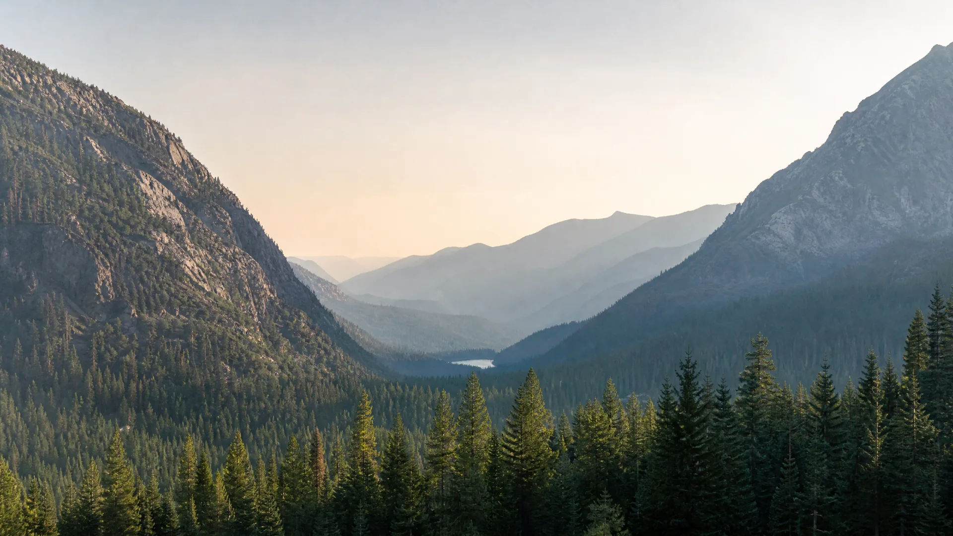 A hazy mountain valley with forested slopes on both sides, a small lake in the distant valley floor, and coniferous trees in the foreground under a pale sky.