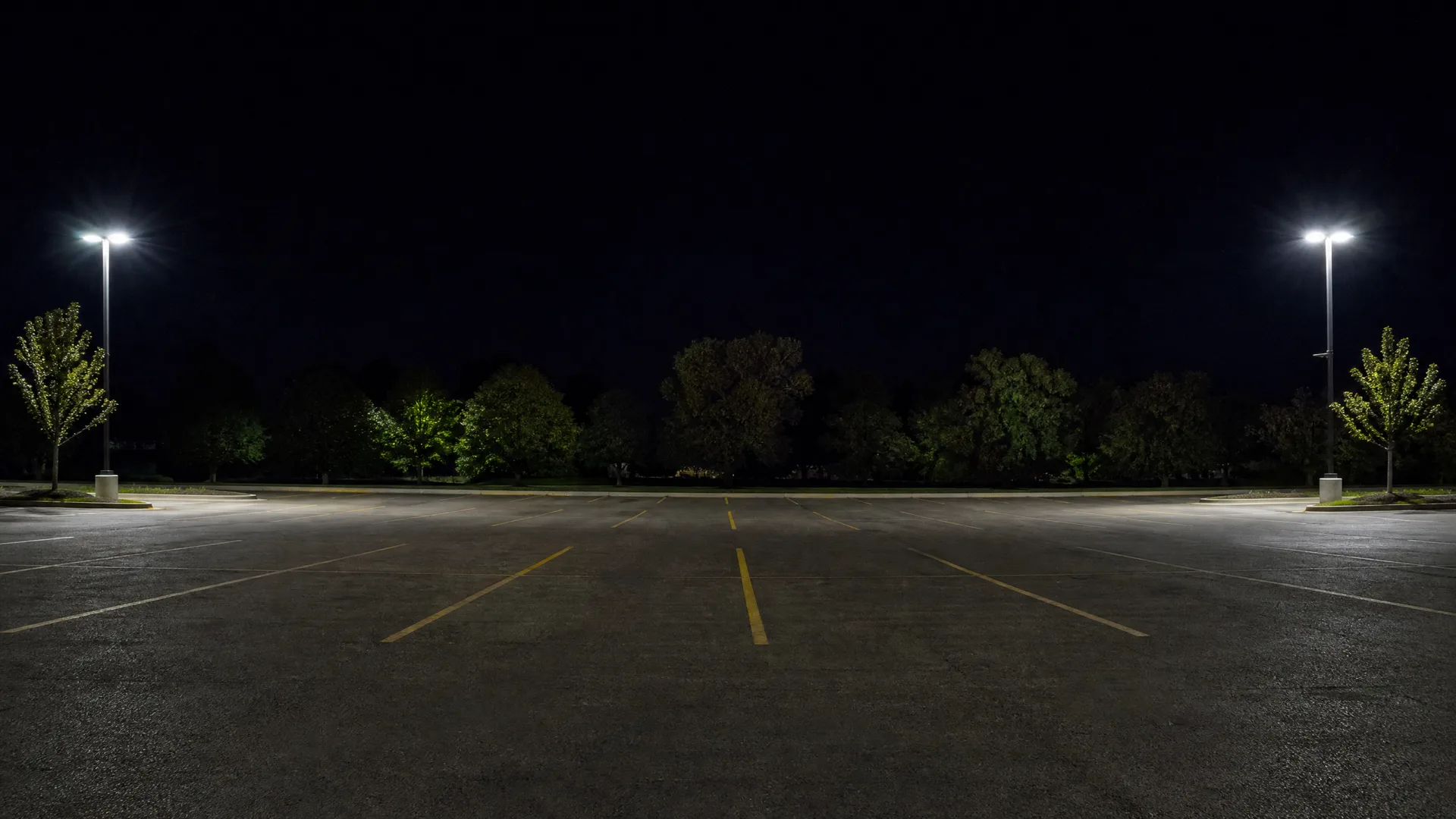 An empty asphalt parking lot at night with yellow painted stall lines, lit by two tall pole-mounted lights, with a row of trees along the far edge under a black sky.