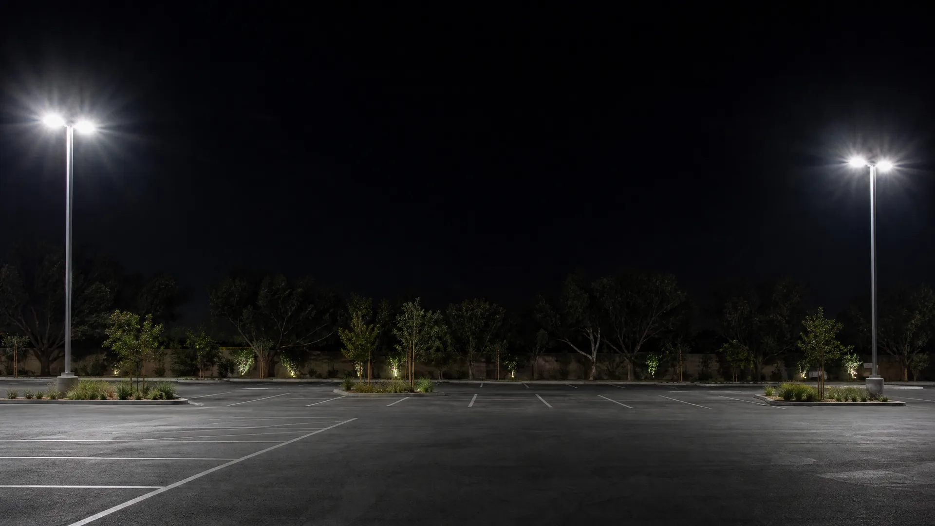 An empty asphalt parking lot at night with painted white stall lines, lit by two tall pole-mounted light fixtures, with landscaped planting beds, trees and a low wall along the far edge.