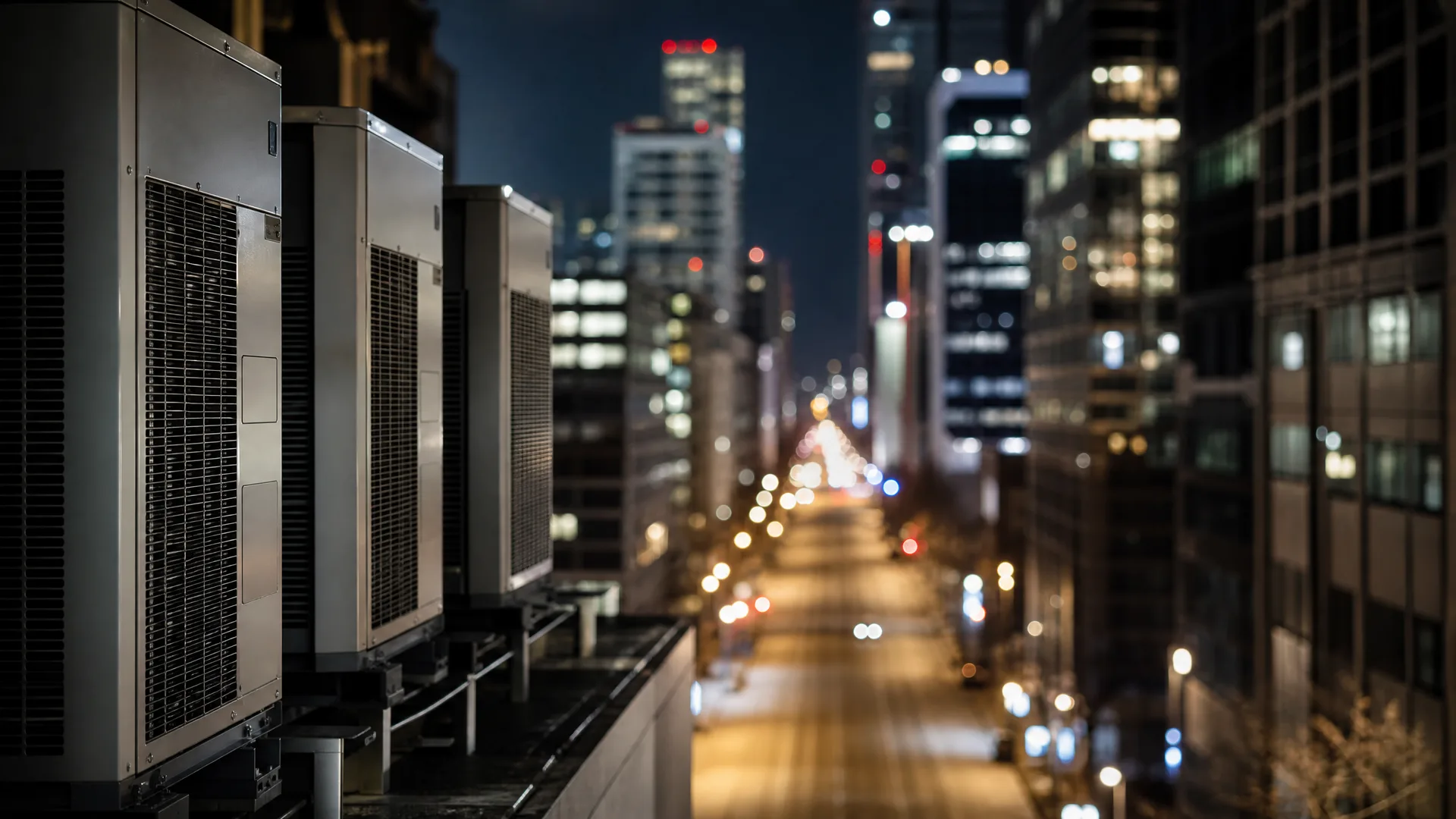 A row of rooftop air conditioning condenser units in sharp focus at the left edge, overlooking a blurred nighttime city street lined with lit high-rise buildings and streetlights.