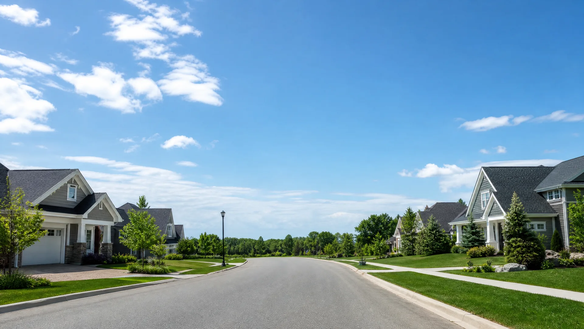 A paved suburban street curving between two rows of two-story houses with gabled roofs, mown lawns, young trees, sidewalks and a street lamp under a blue sky with scattered clouds.