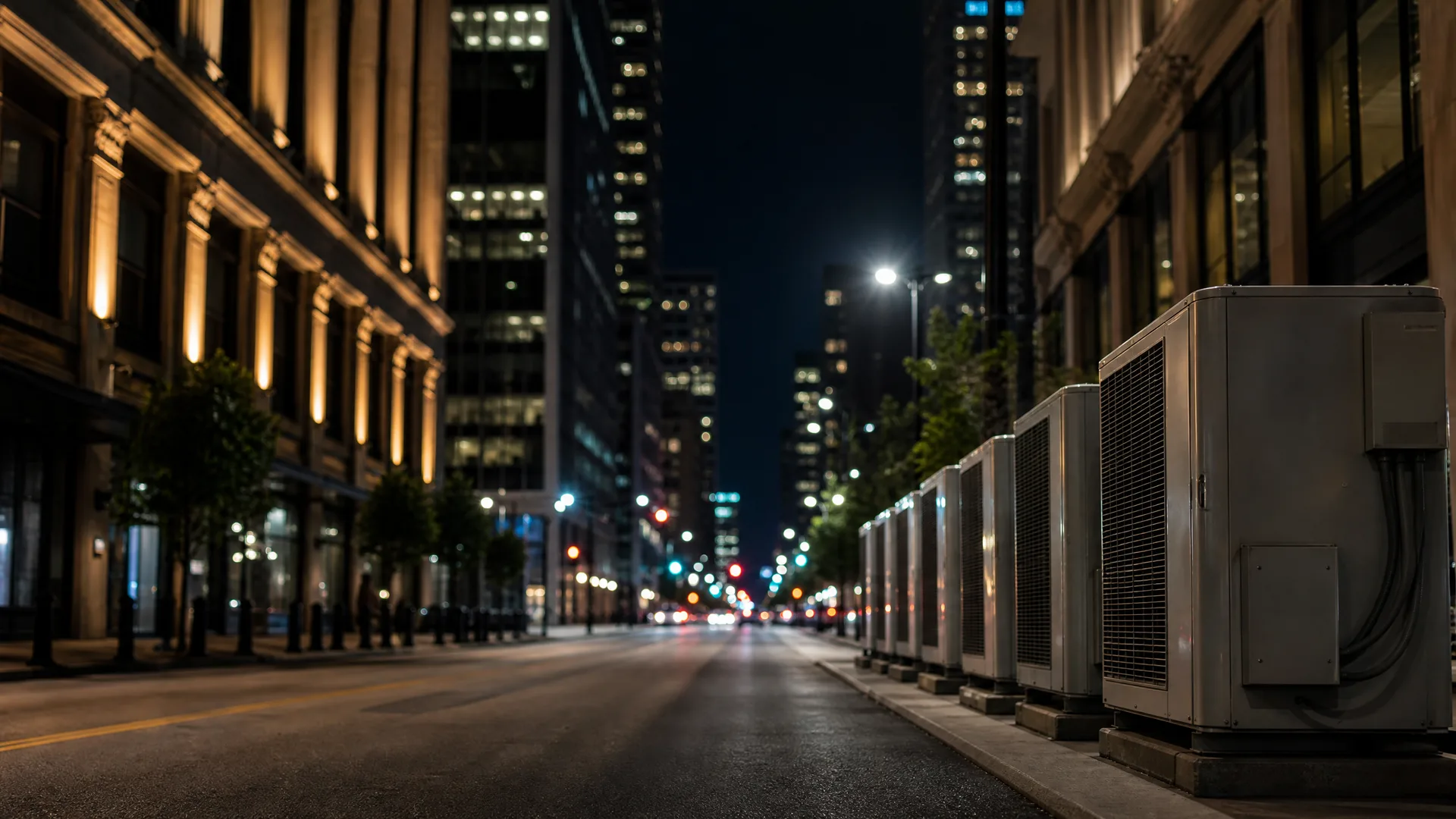 A row of outdoor HVAC condenser units lines a sidewalk along an empty city street at night, with lit office towers and a streetlight in the background.