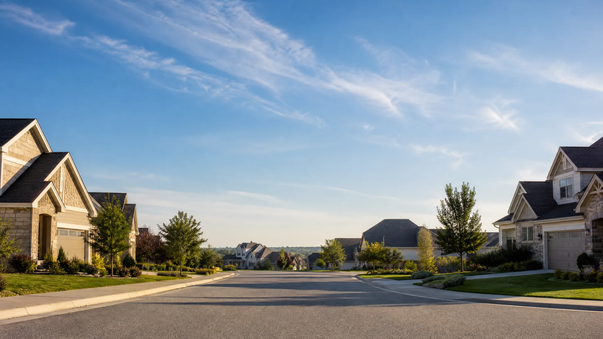 An empty paved suburban street lined with stone-and-siding houses with attached garages, young trees and mowed lawns under a mostly clear blue sky.