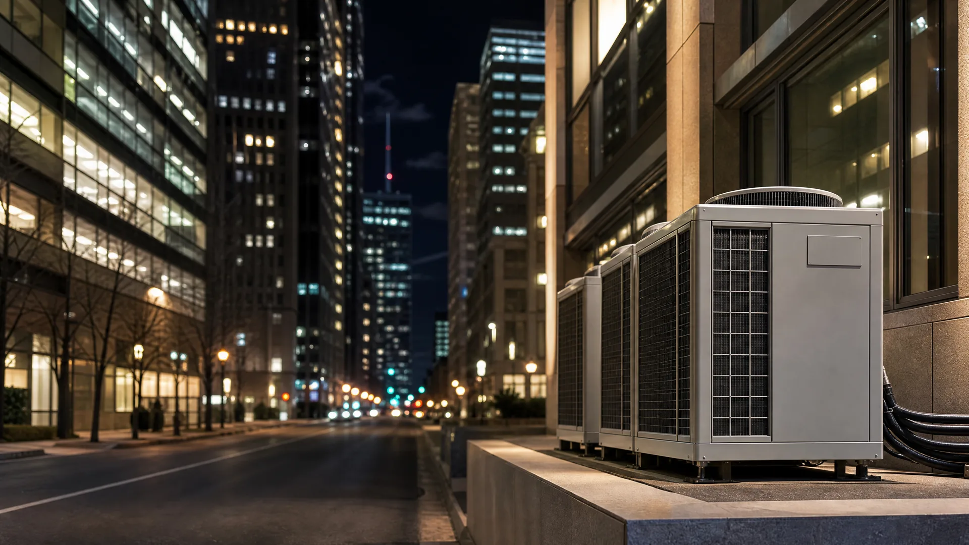 A row of large gray HVAC condenser units on a raised concrete pad beside a building at night, with an empty city street and lit high-rise towers in the background.