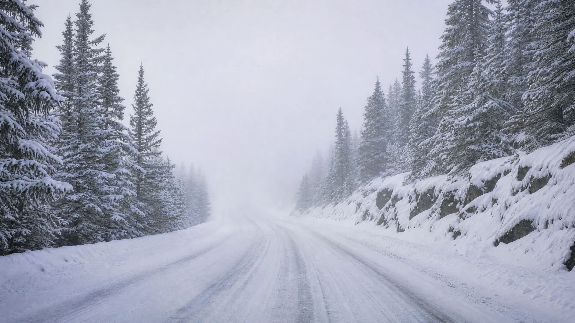 A snow-covered road curving through a conifer forest in fog, with snow-laden spruce trees on both sides and a rocky snowy bank on the right.