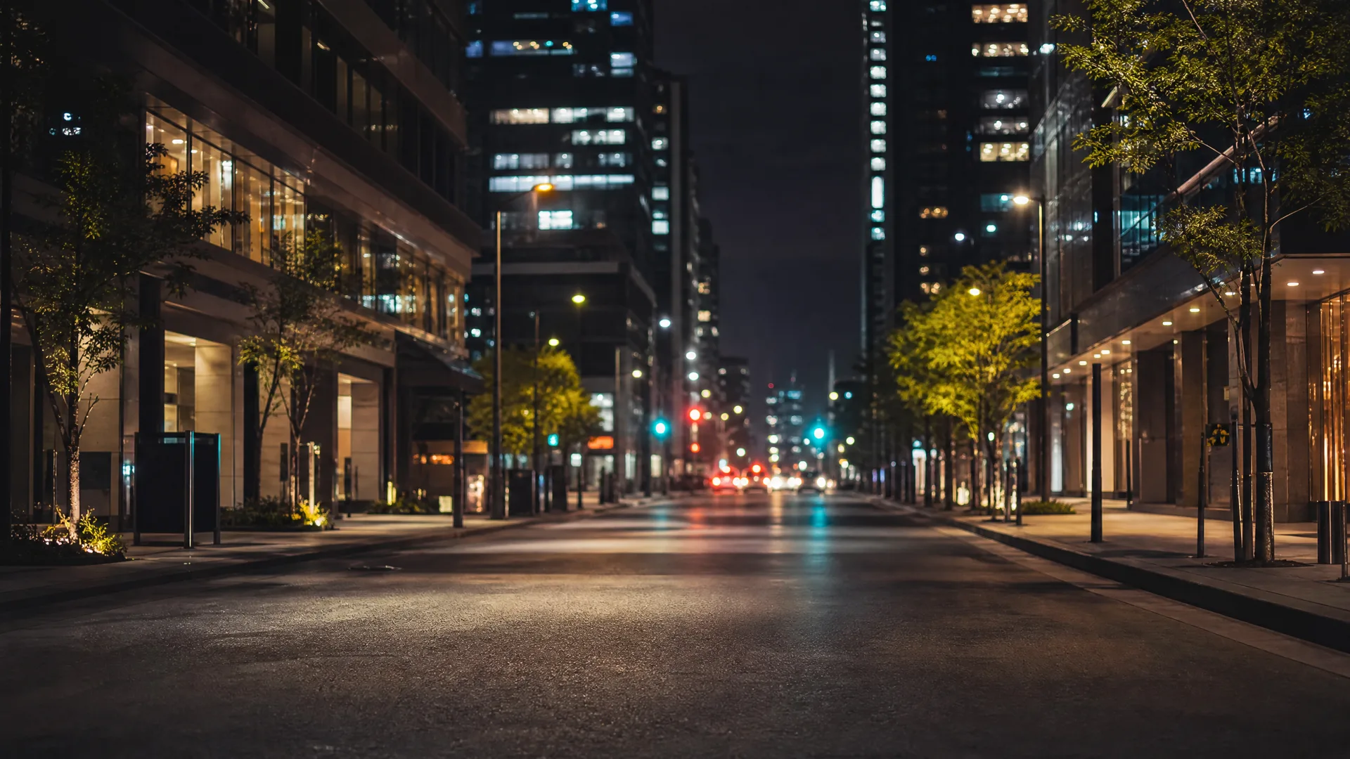 A wide empty city street at night, viewed low from the pavement, lined with lit office buildings, street trees and streetlights, with blurred traffic lights and distant vehicle lights.