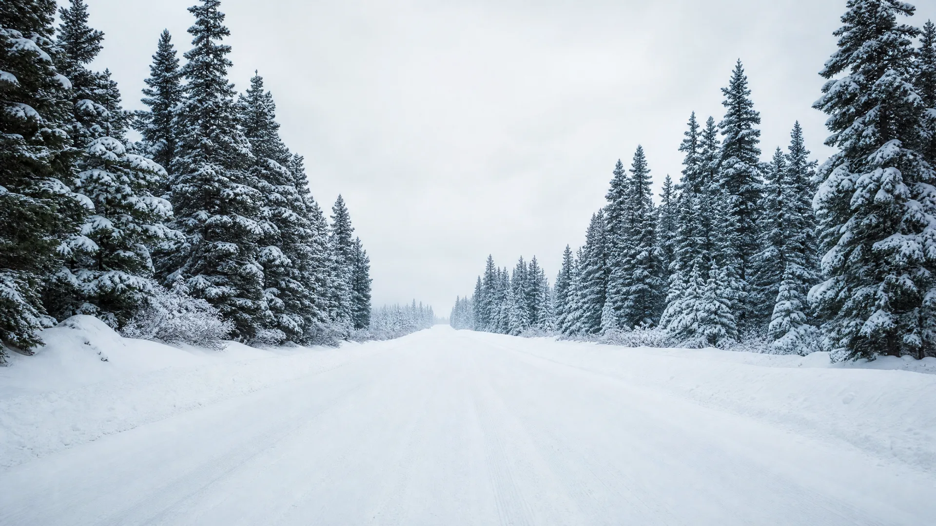 A snow-covered road with tire tracks running straight toward the horizon between rows of snow-laden conifer trees under an overcast white sky.