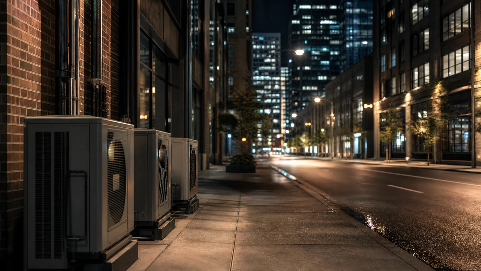 Three outdoor air conditioning condenser units mounted along a brick building wall beside an empty city sidewalk at night, with lit high-rise buildings and street lamps in the background.