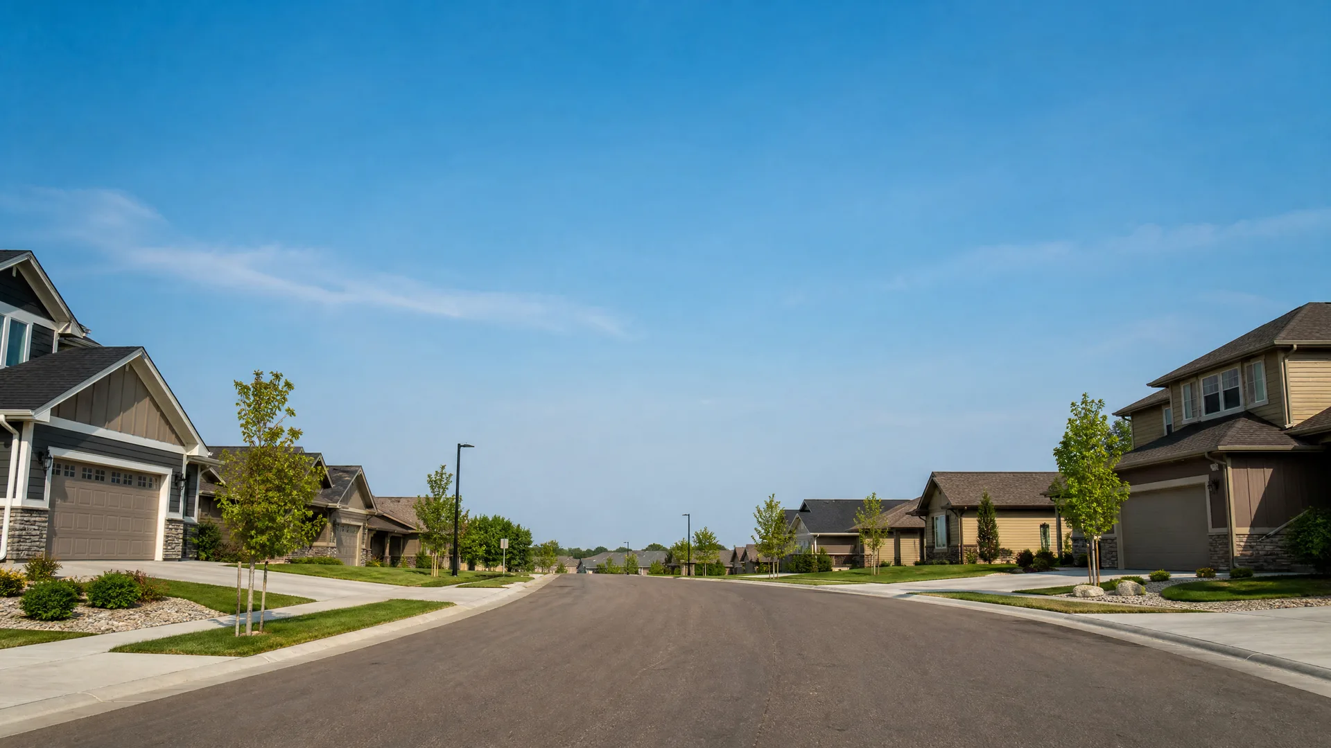 An empty paved residential street lined with two-story houses with attached garages, young trees, lawns and sidewalks under a clear blue sky.