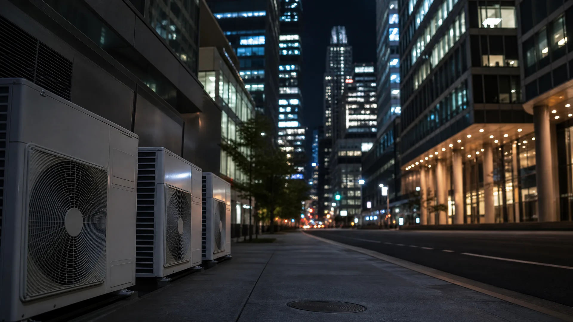 A row of white outdoor air conditioning condenser units lined along a sidewalk beside a building at night, with an empty street and lit high-rise towers in the background.