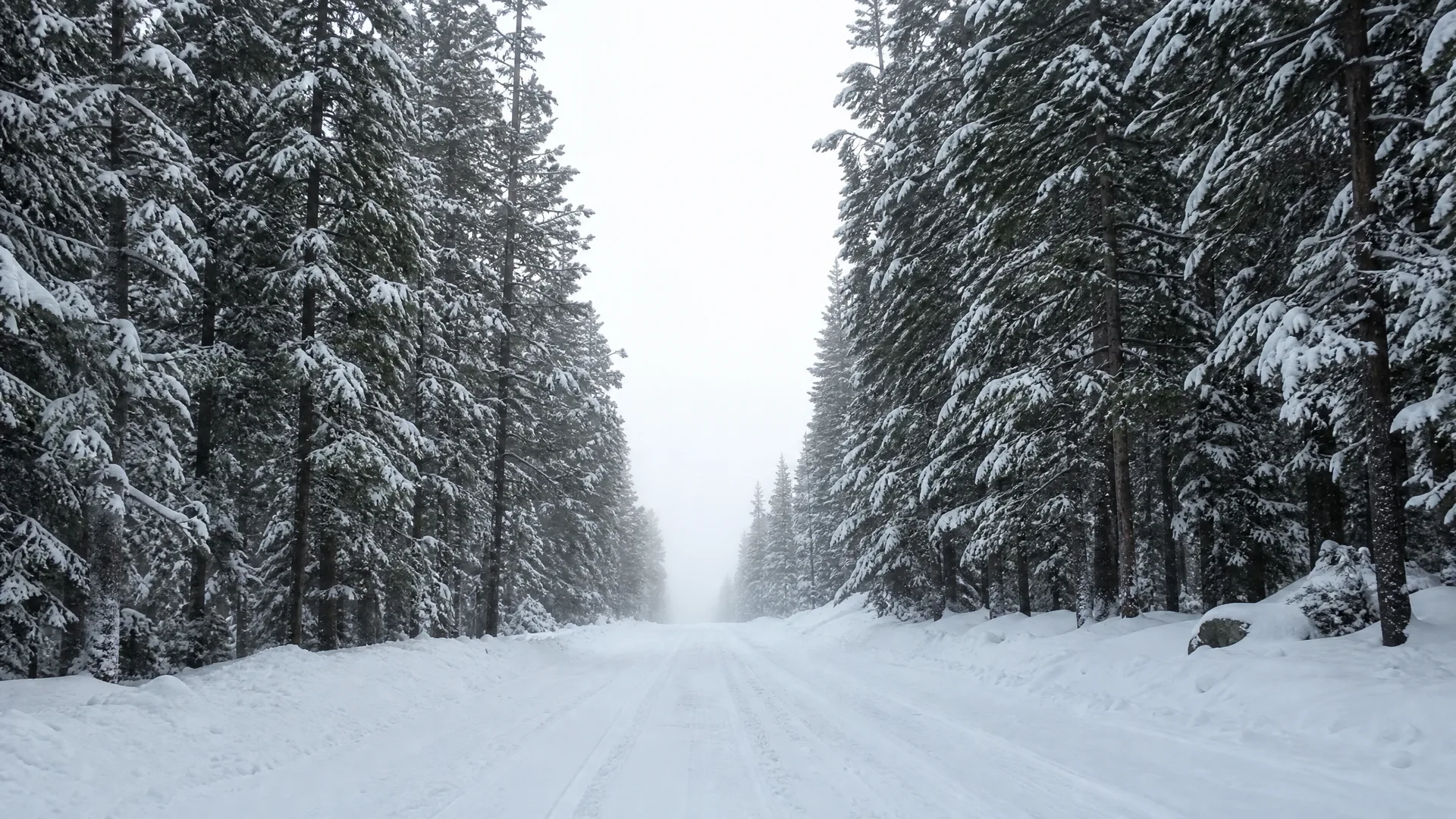 A snow-covered road with tire tracks runs between dense snow-laden conifer forest toward a foggy, pale horizon.