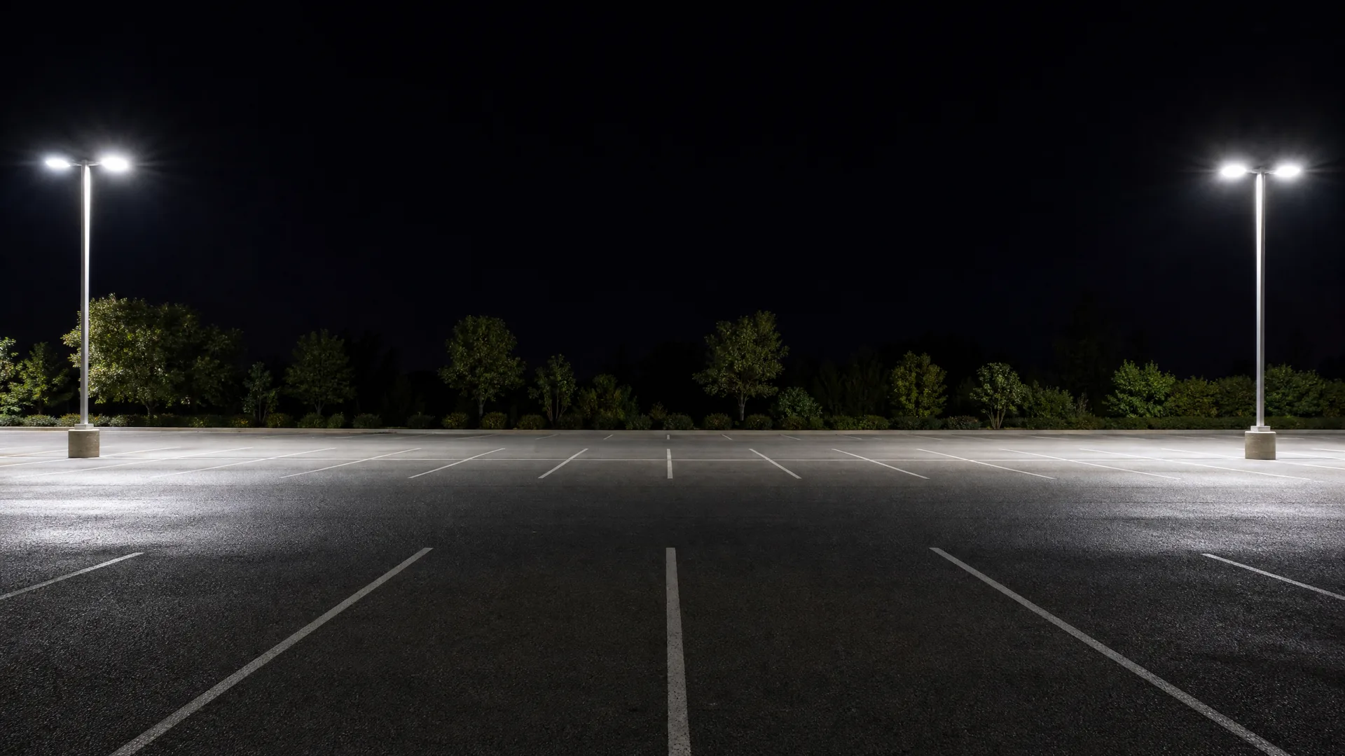 An empty asphalt parking lot at night with painted white stall lines, lit by two tall light poles, with a row of trees and shrubs along the far edge under a black sky.