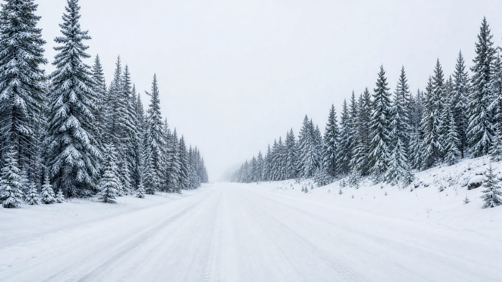 A snow-covered road runs straight toward a foggy horizon, lined on both sides by snow-laden spruce trees under an overcast white sky.