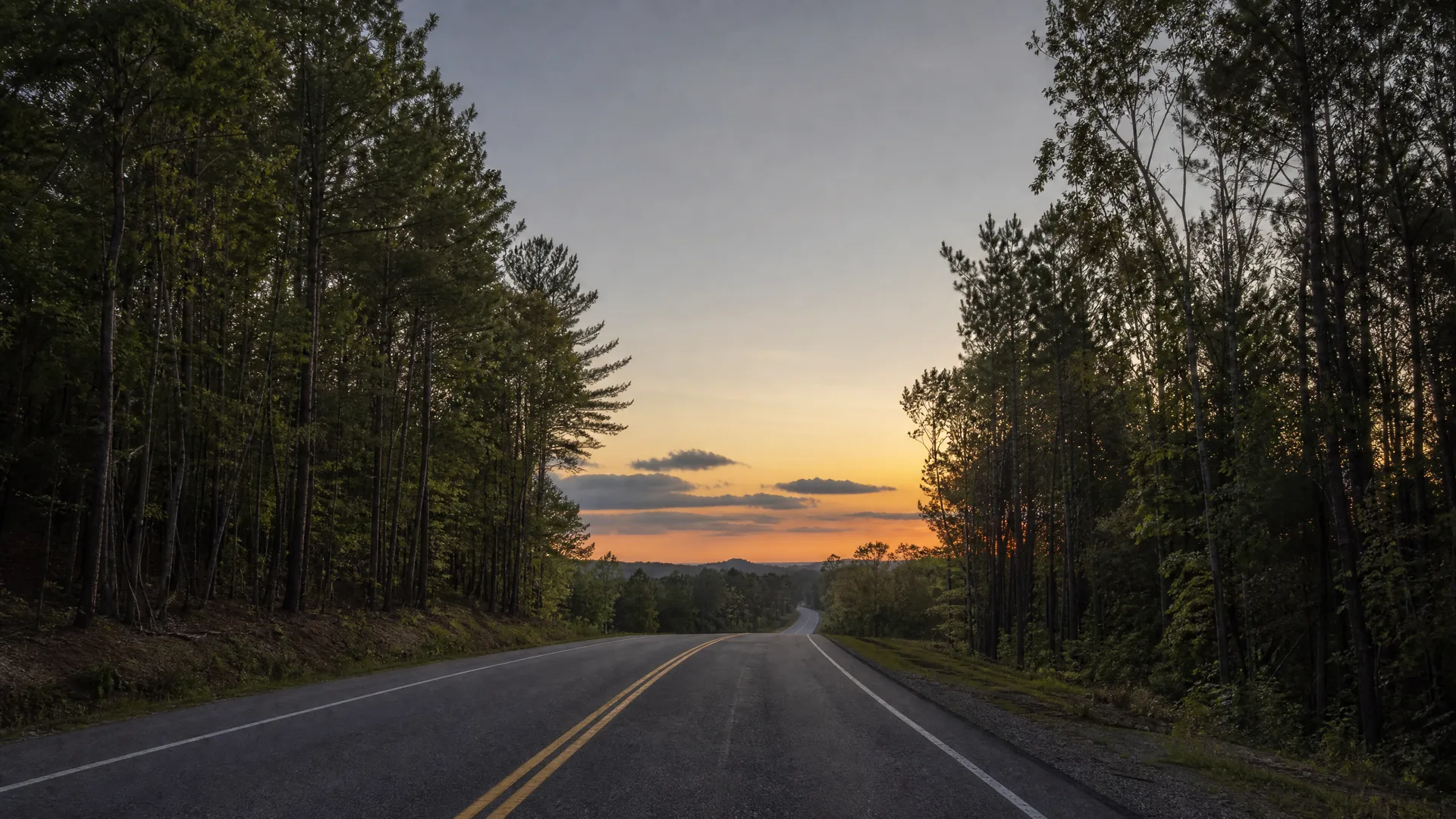 A two-lane paved road with double yellow center lines runs toward the horizon between tall pine trees, under a sky with orange sunset light low on the horizon.