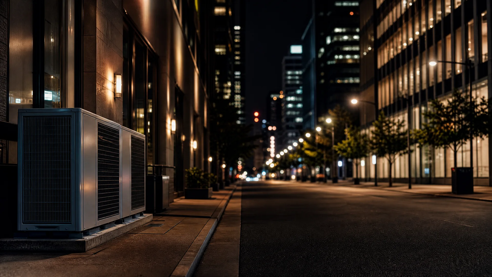 Two outdoor condenser units sit on a concrete pad beside a building on an empty city street at night, with lit office towers and street lamps receding into the distance.