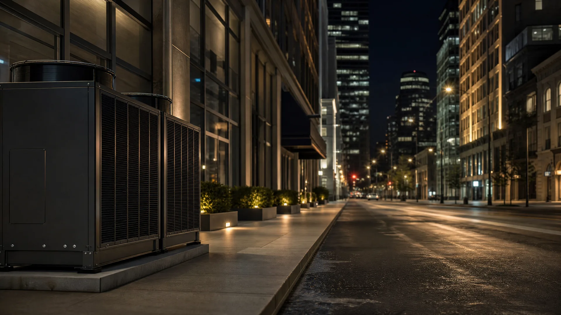 Large dark rooftop-style HVAC condenser units on a concrete pad beside a sidewalk at night, with an empty city street and lit high-rise buildings in the background.