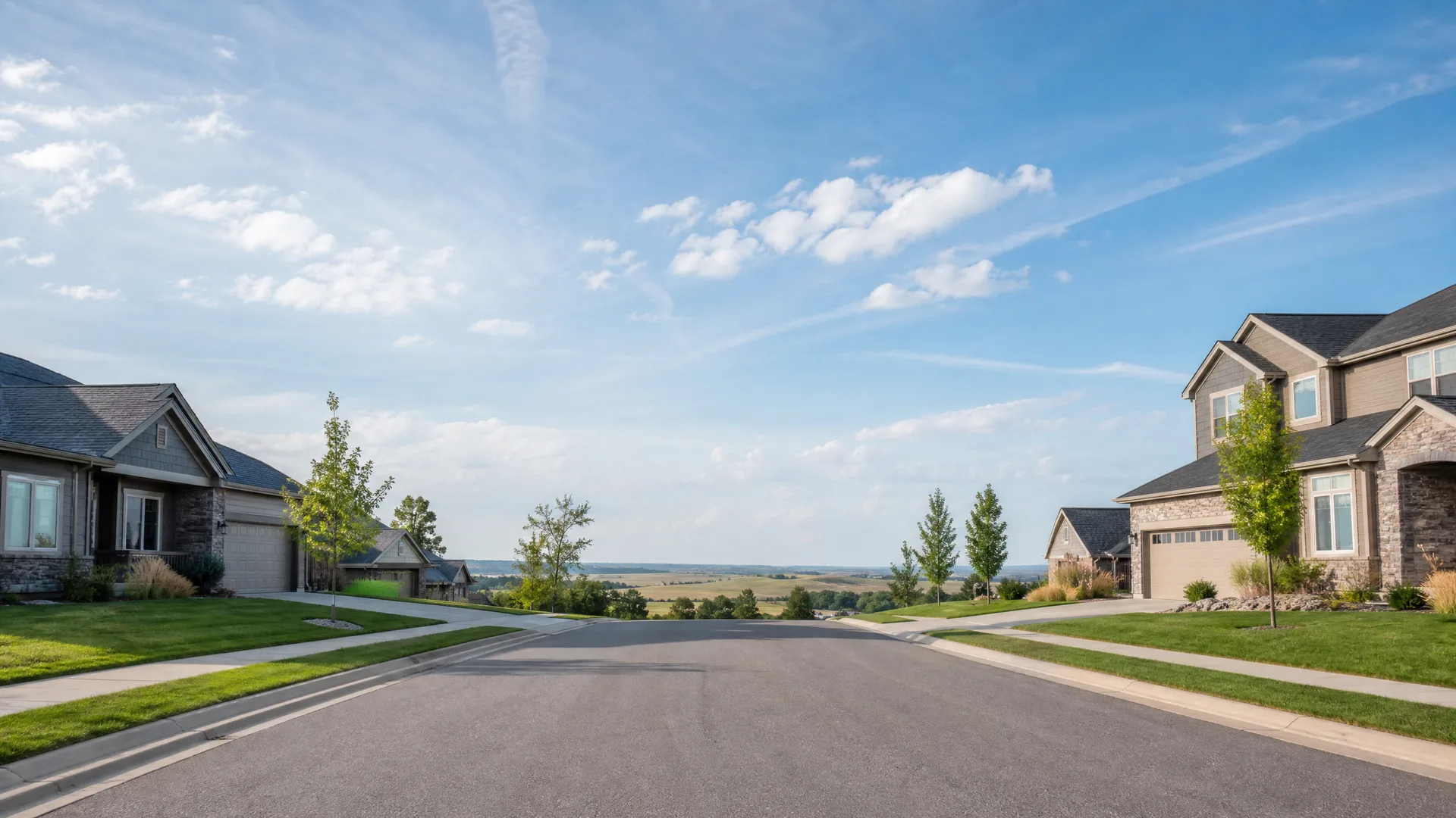 A paved suburban street lined with lawns, young trees and two-story houses with stone and siding facades, opening onto a distant valley view under a blue sky with scattered clouds.