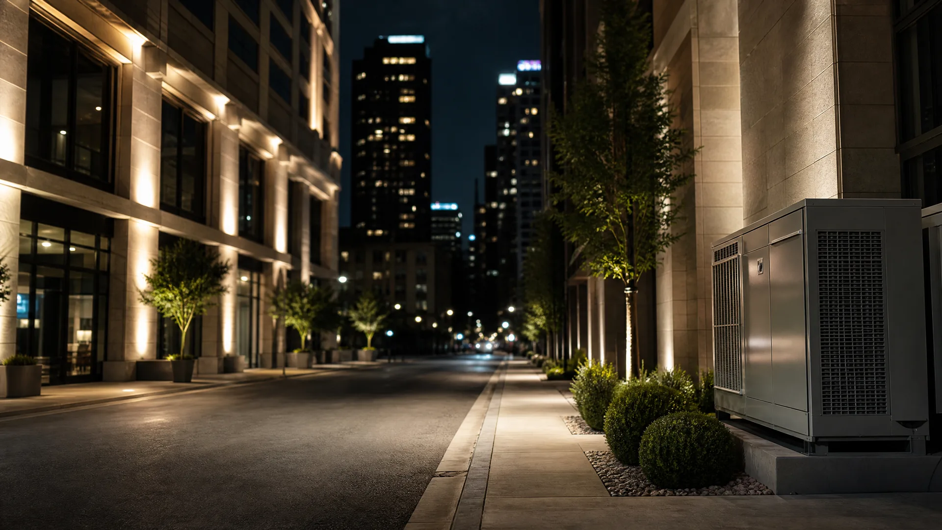 A night view down an empty city street lined with illuminated stone buildings and small trees, with a large gray HVAC or generator unit on a concrete pad beside the sidewalk in the right foreground and high-rise towers in the background.