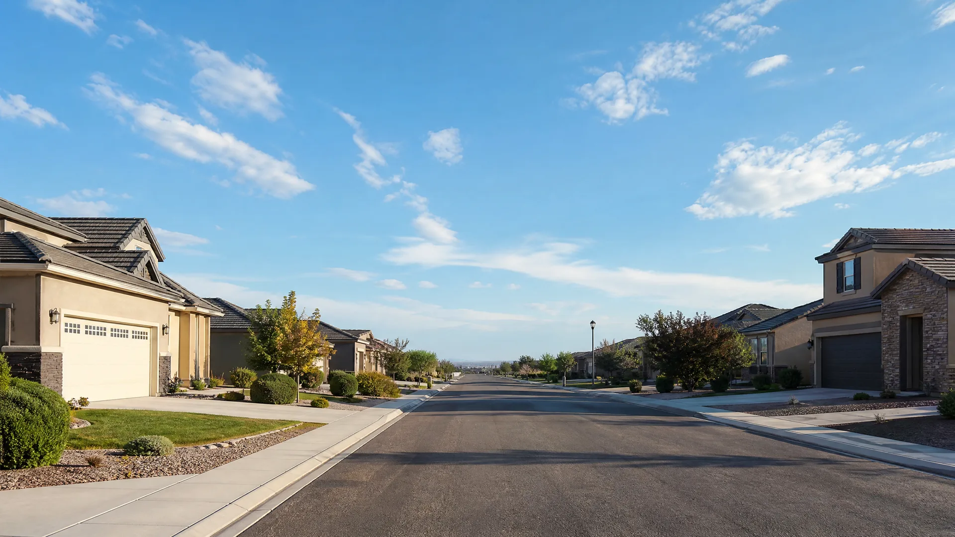 An empty paved residential street lined with single-story stucco houses with attached garages, gravel and shrub landscaping, and trees with yellowing leaves under a blue sky with scattered clouds.