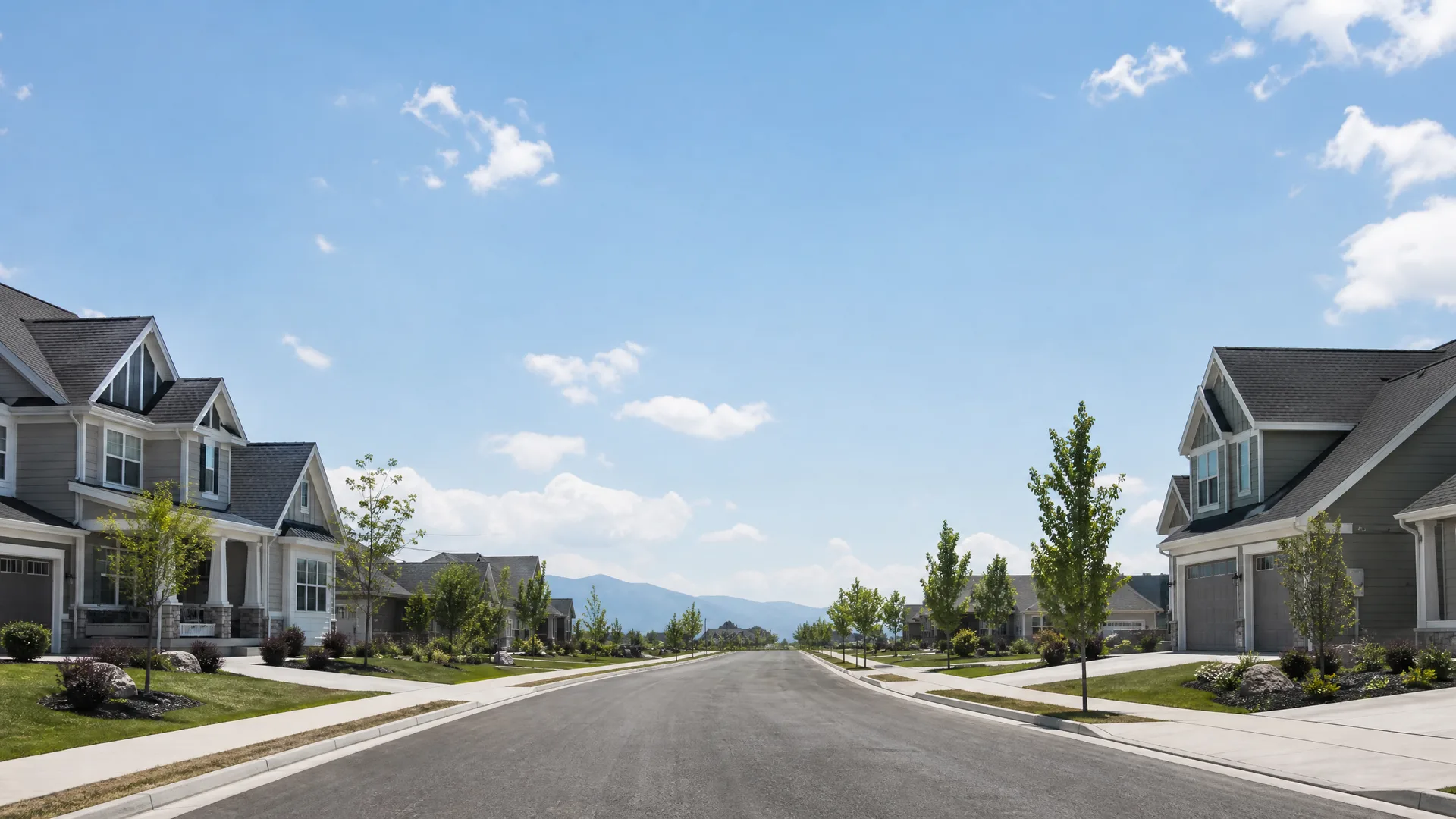 An empty paved residential street lined with two-story houses, young trees, sidewalks and landscaped lawns, with distant mountains under a mostly clear blue sky.