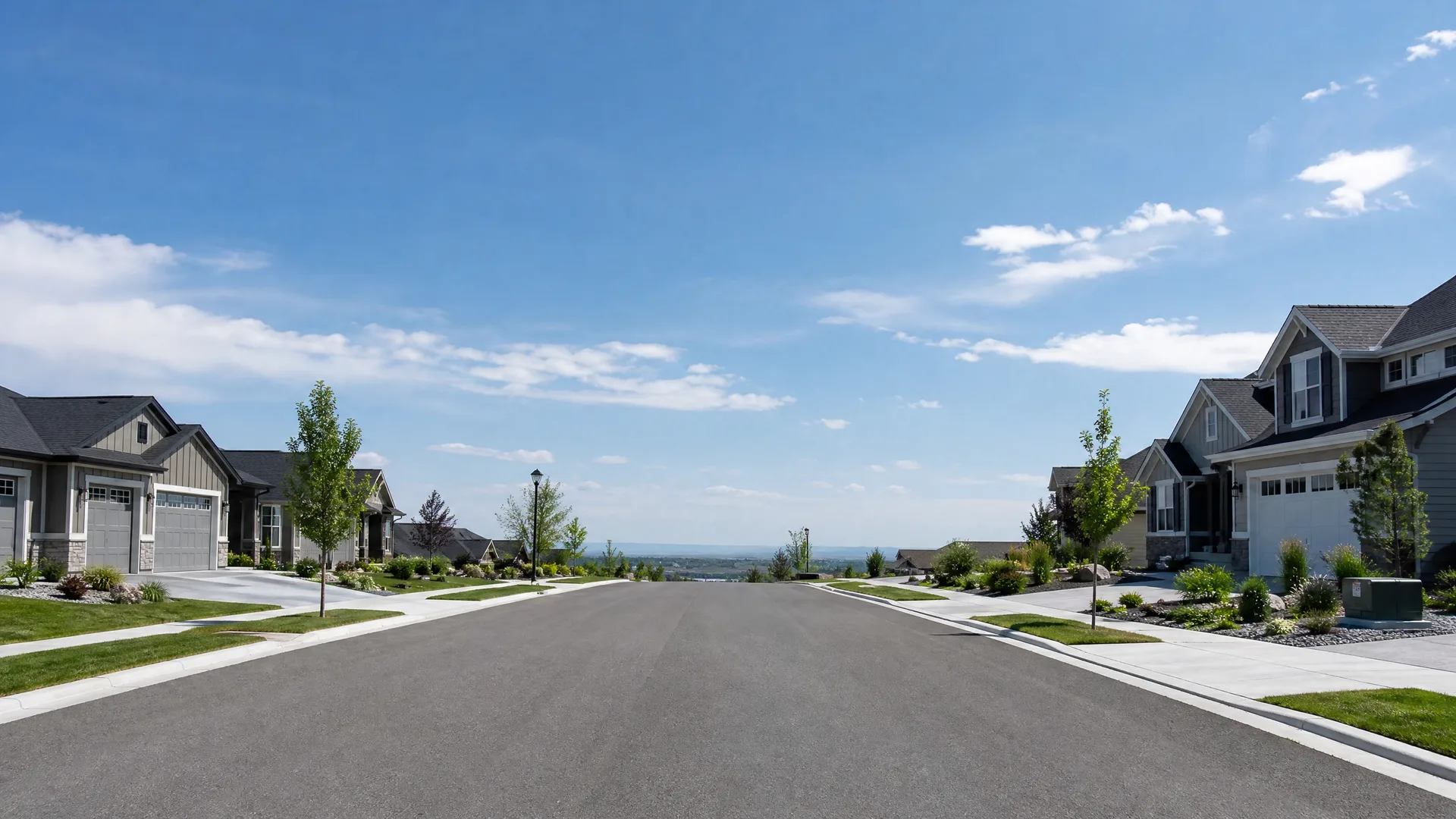 A wide empty asphalt residential street lined with newly built two-story houses, young trees, lawns and concrete sidewalks, with a distant valley and blue sky with scattered clouds ahead.