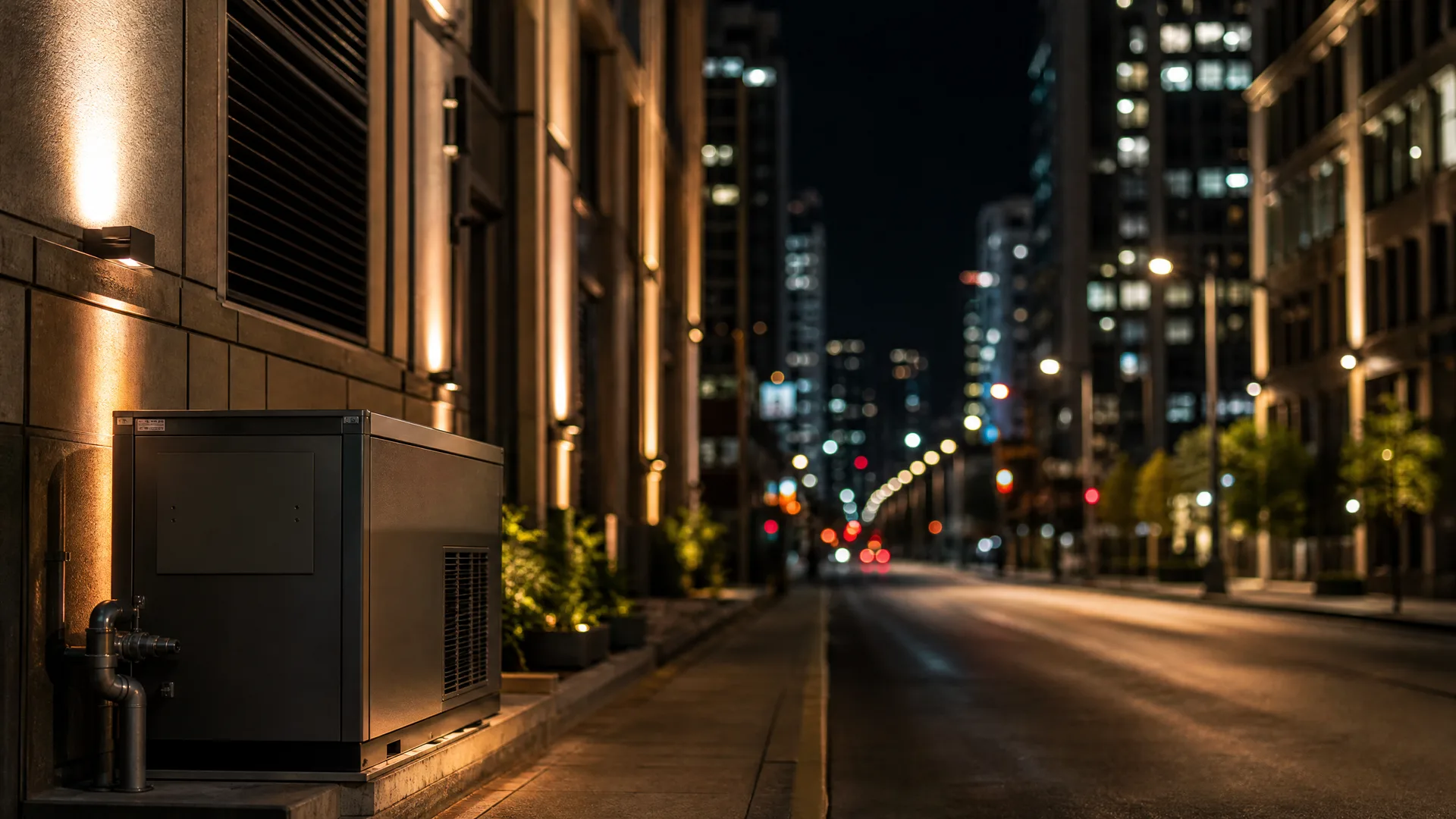 A gray outdoor generator or HVAC unit with attached pipework sits on a concrete pad beside a building on a city sidewalk at night, with a blurred street and lit high-rise buildings in the background.