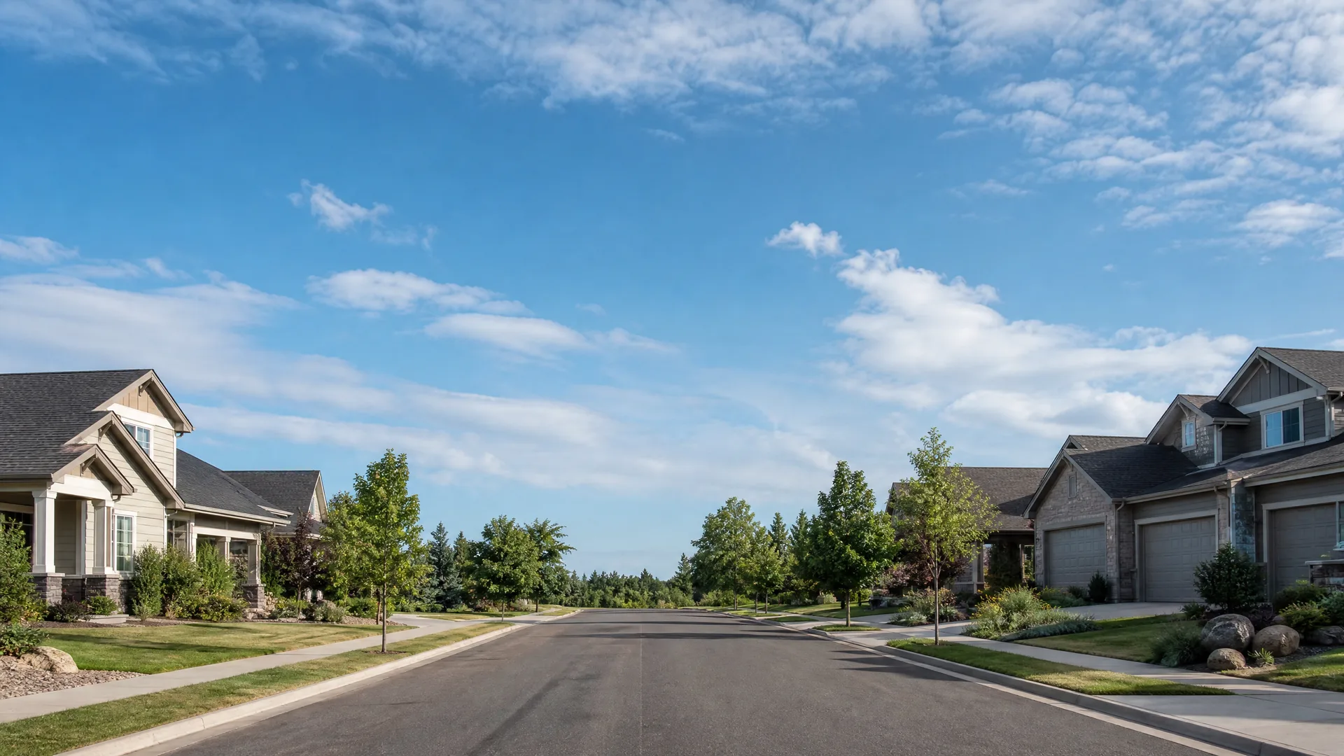 A wide empty asphalt residential street lined with sidewalks, young trees, and lawns, with single-family houses with attached garages on both sides under a blue sky with scattered clouds.