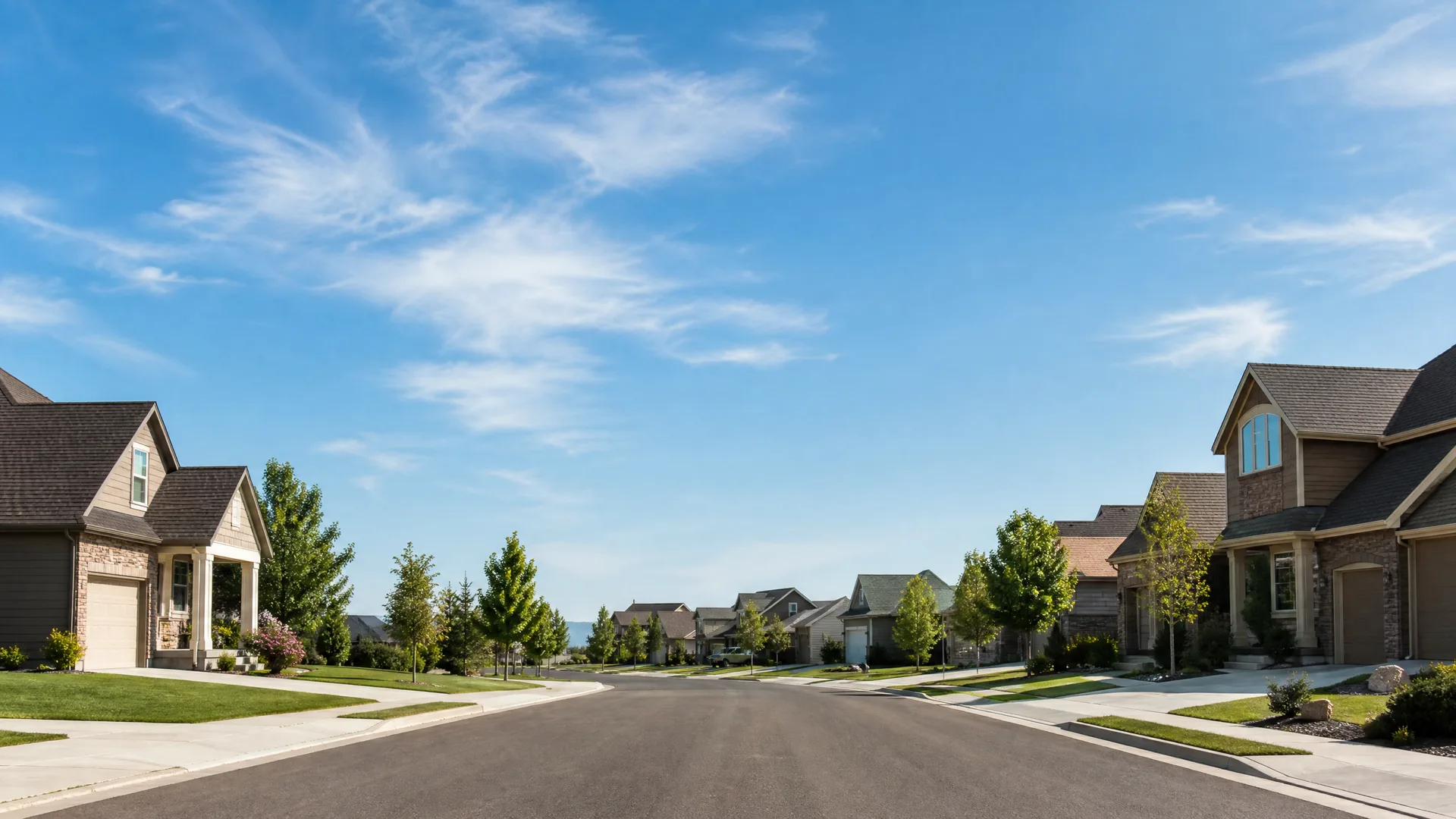 A wide empty asphalt street in a suburban neighborhood lined with two-story houses, attached garages, young trees, and mown lawns under a blue sky with thin clouds.