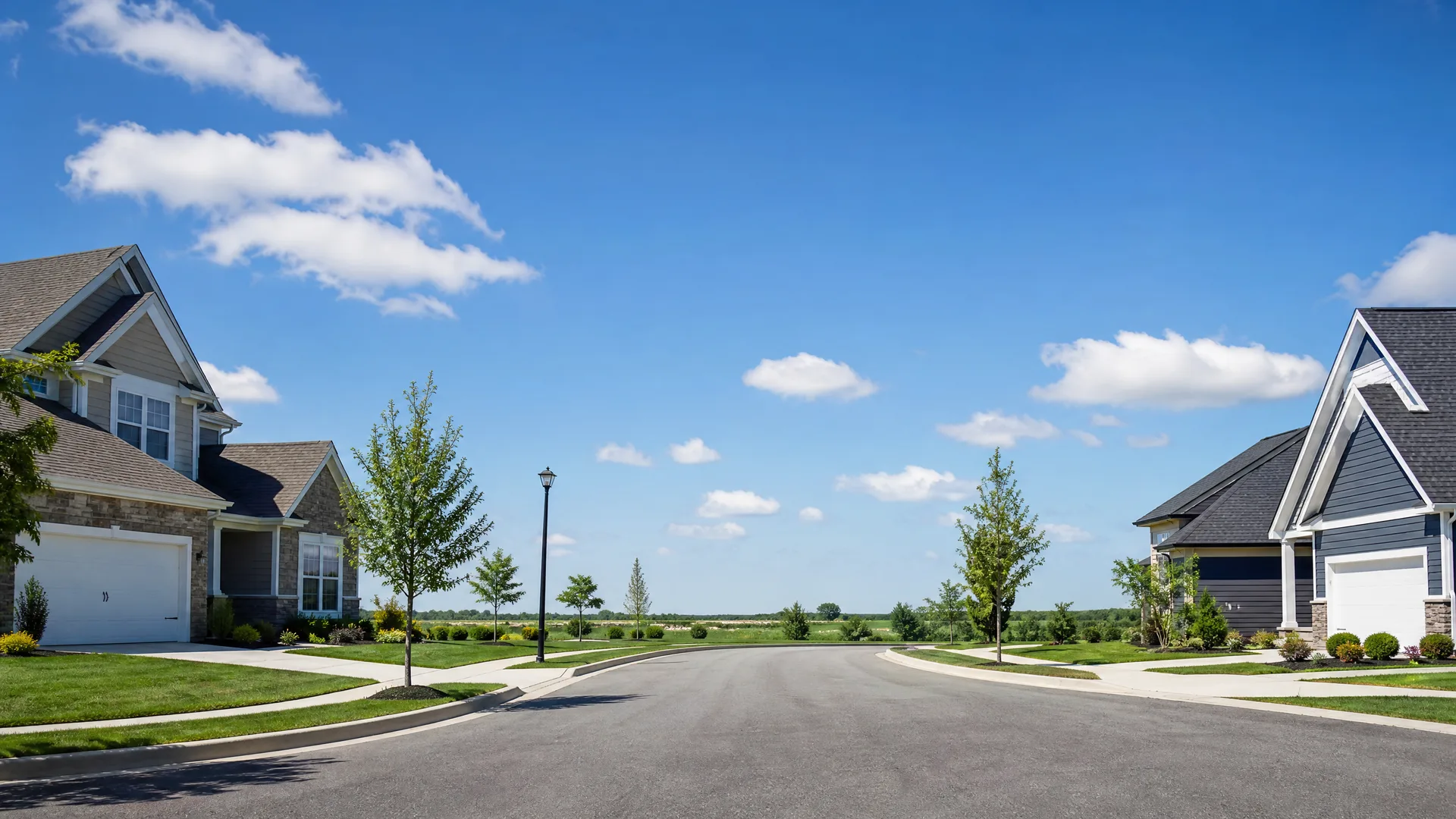 A paved suburban street curving between two large houses with attached garages, young trees, mown lawns and a lamppost, under a blue sky with scattered clouds.
