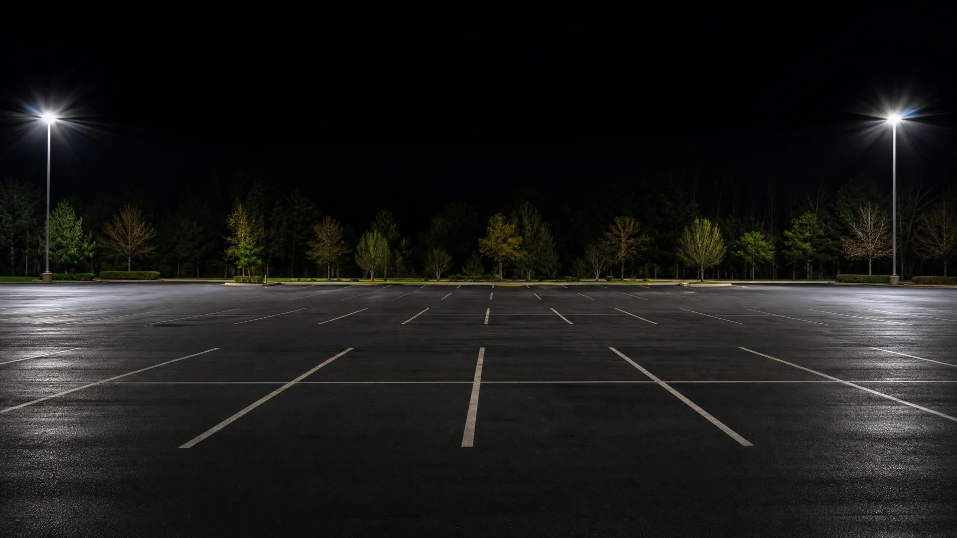 An empty asphalt parking lot at night with painted white stall lines, lit by two tall light poles, bordered by a row of trees under a black sky.