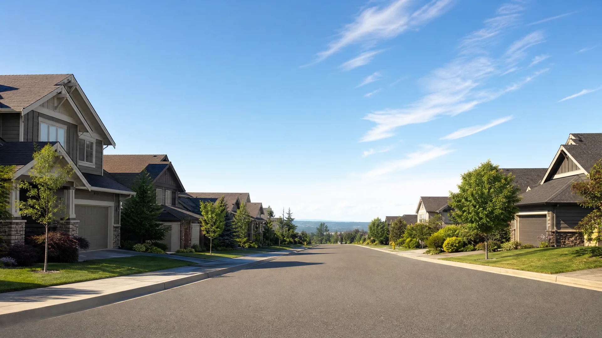 An empty paved residential street lined with two-story houses with gabled roofs, attached garages, young trees and lawns, under a clear blue sky with thin high clouds.