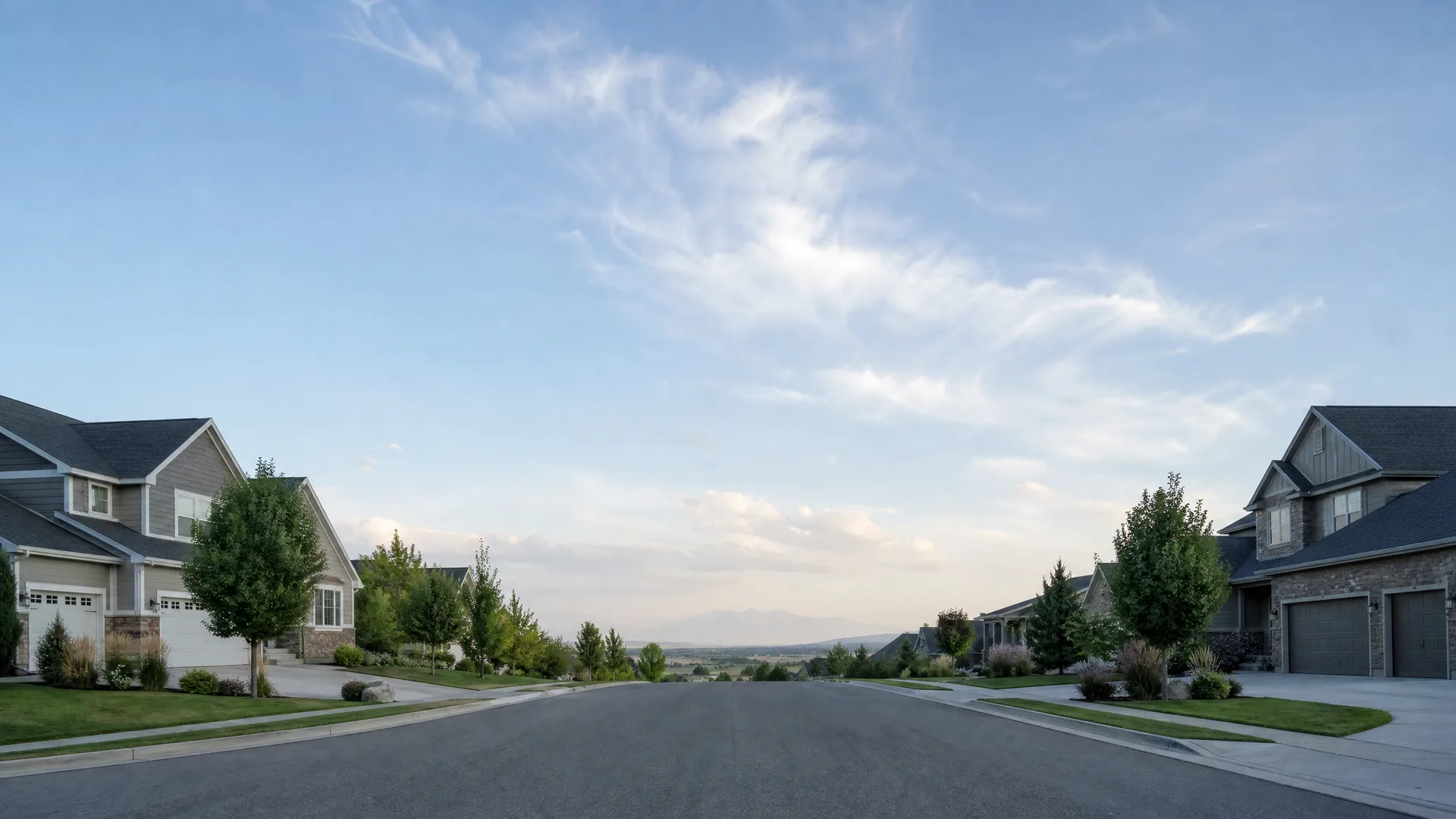 A paved suburban street lined with two-story houses with attached garages, young trees and lawns, leading toward distant hills under a partly cloudy sky.