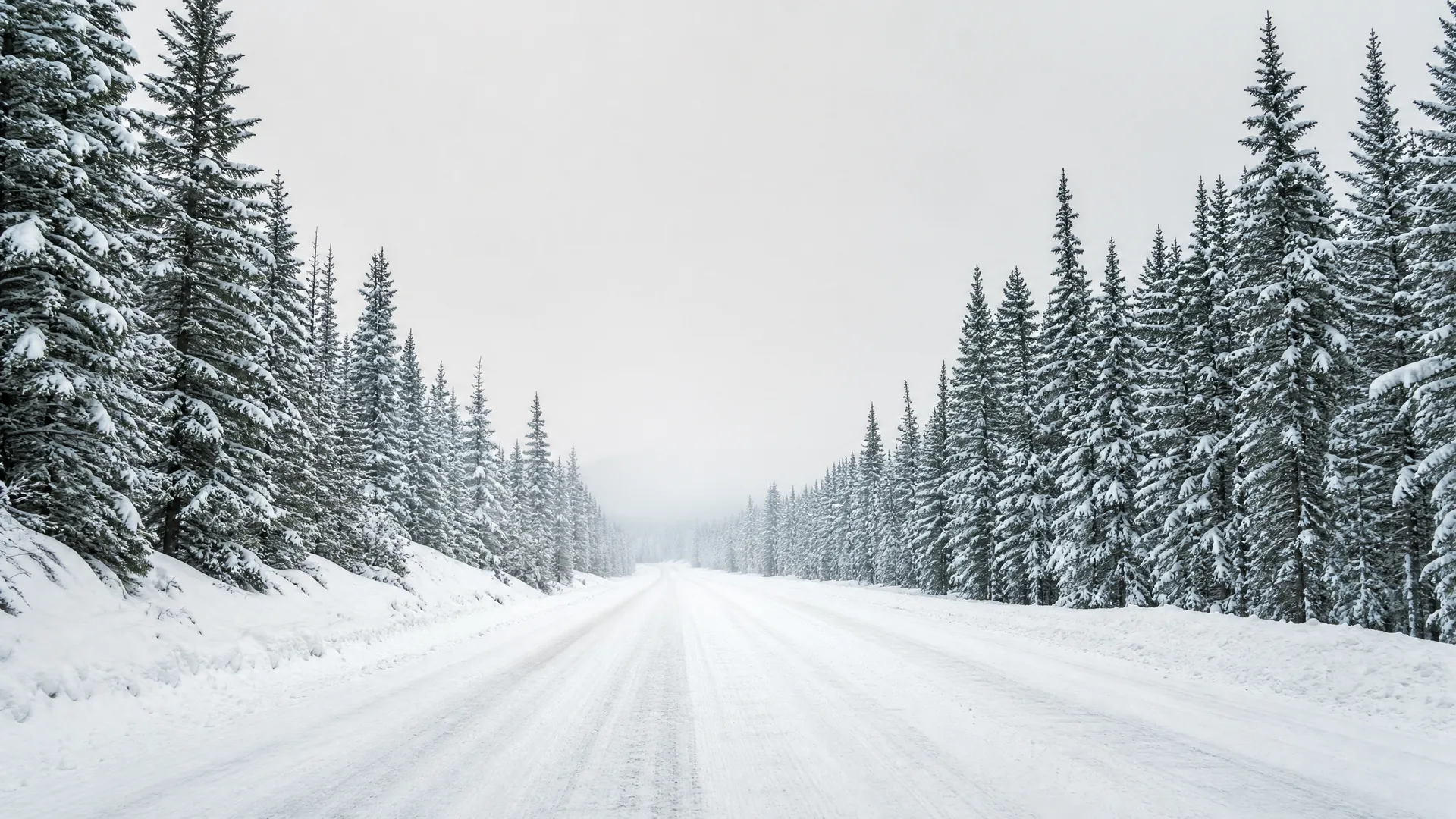 A snow-covered road with faint tire tracks runs straight into the distance between rows of snow-laden conifer trees under a pale overcast sky.