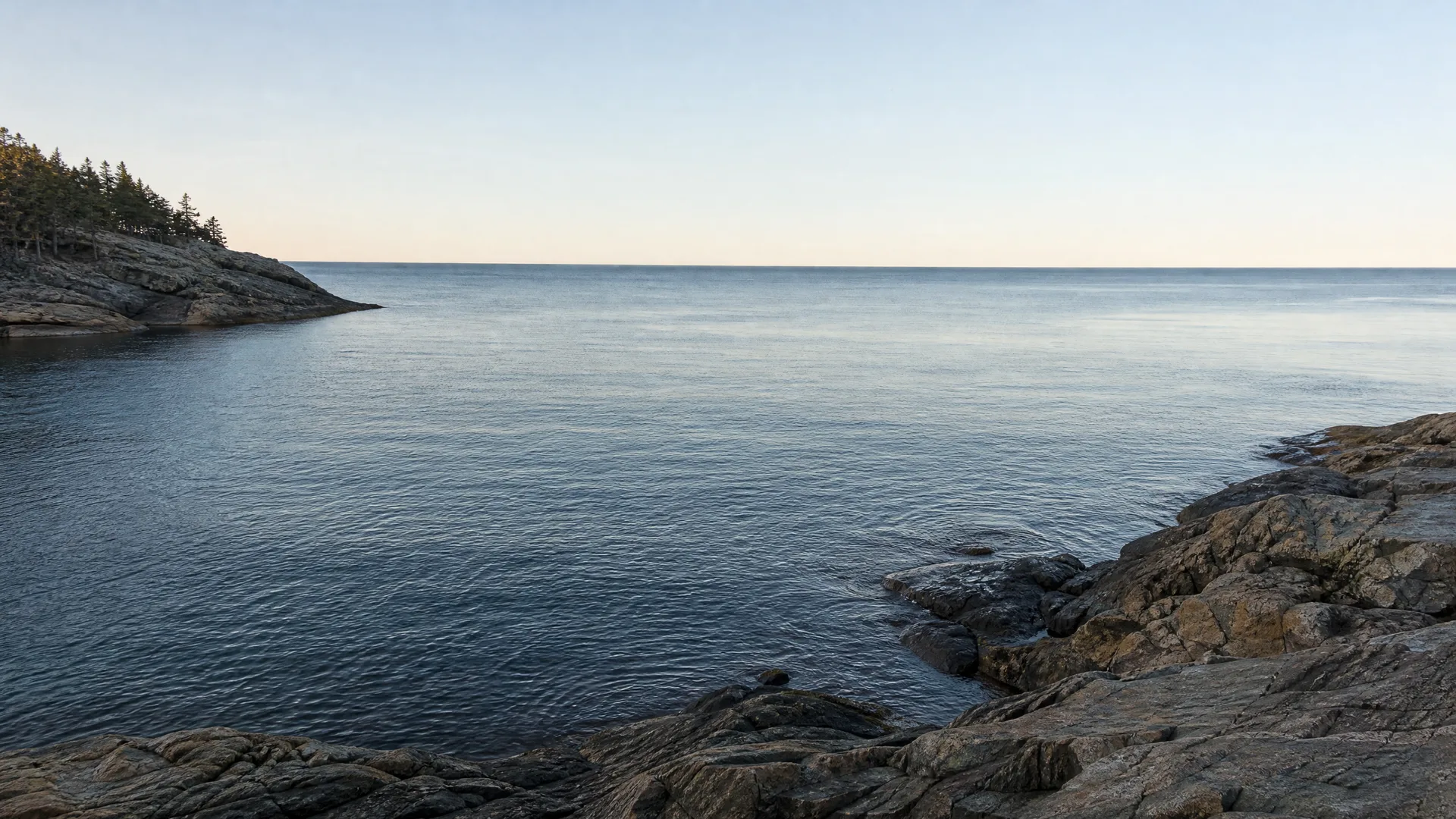 A calm sea under a clear pale sky, bordered by bare rock ledges in the foreground and right, with a low conifer-covered point on the left.
