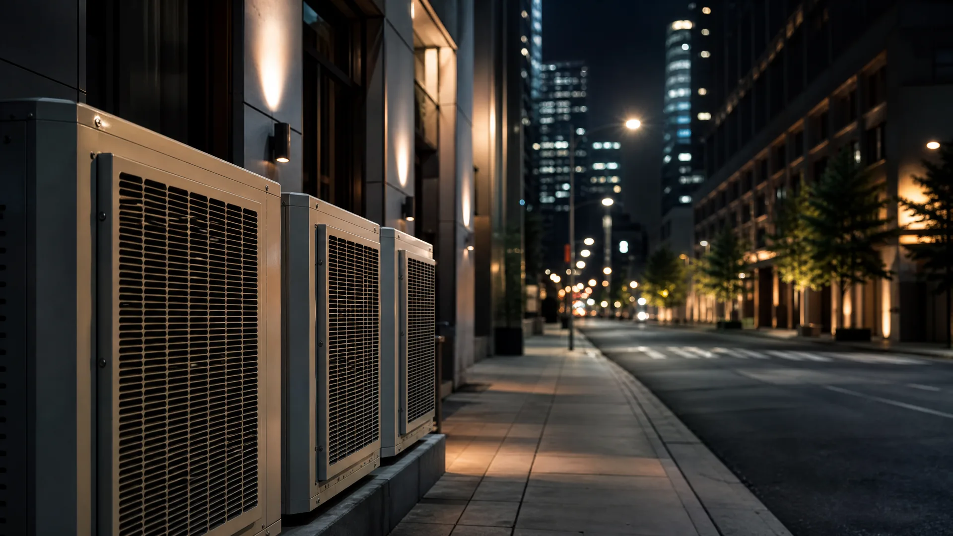 A row of outdoor HVAC condenser units mounted along a building facade beside an empty city sidewalk at night, with lit high-rise buildings and street lamps in the blurred background.