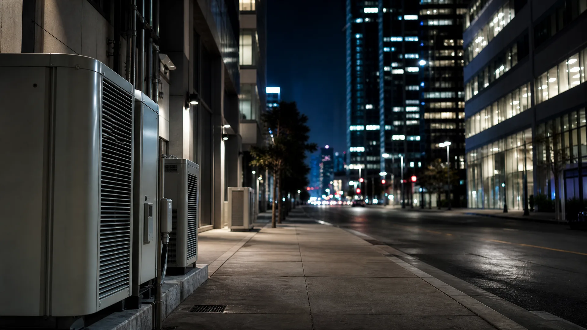 A nighttime city sidewalk lined with large HVAC units beside a building, with an empty street and lit high-rise towers in the blurred background.