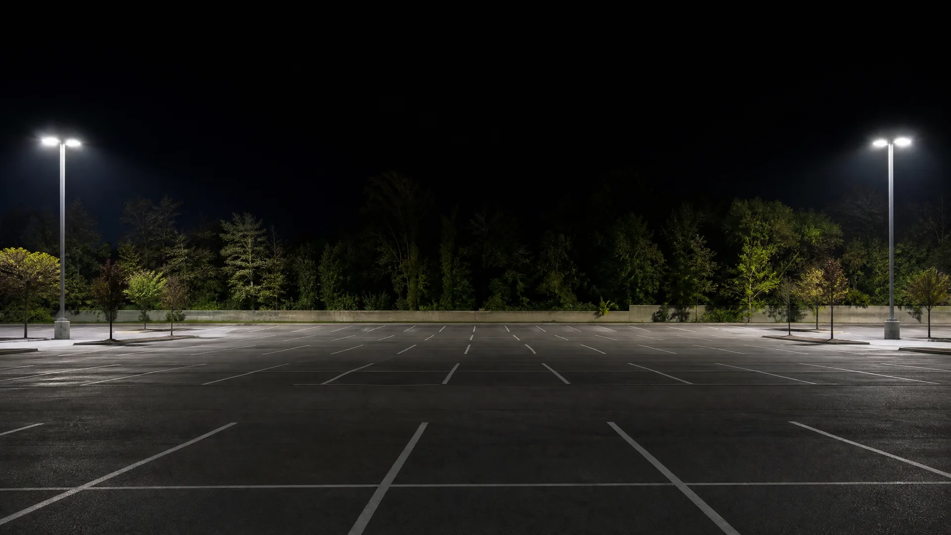 An empty asphalt parking lot at night with painted white stall lines, lit by two tall light poles, bordered by a low wall and a line of trees under a dark sky.