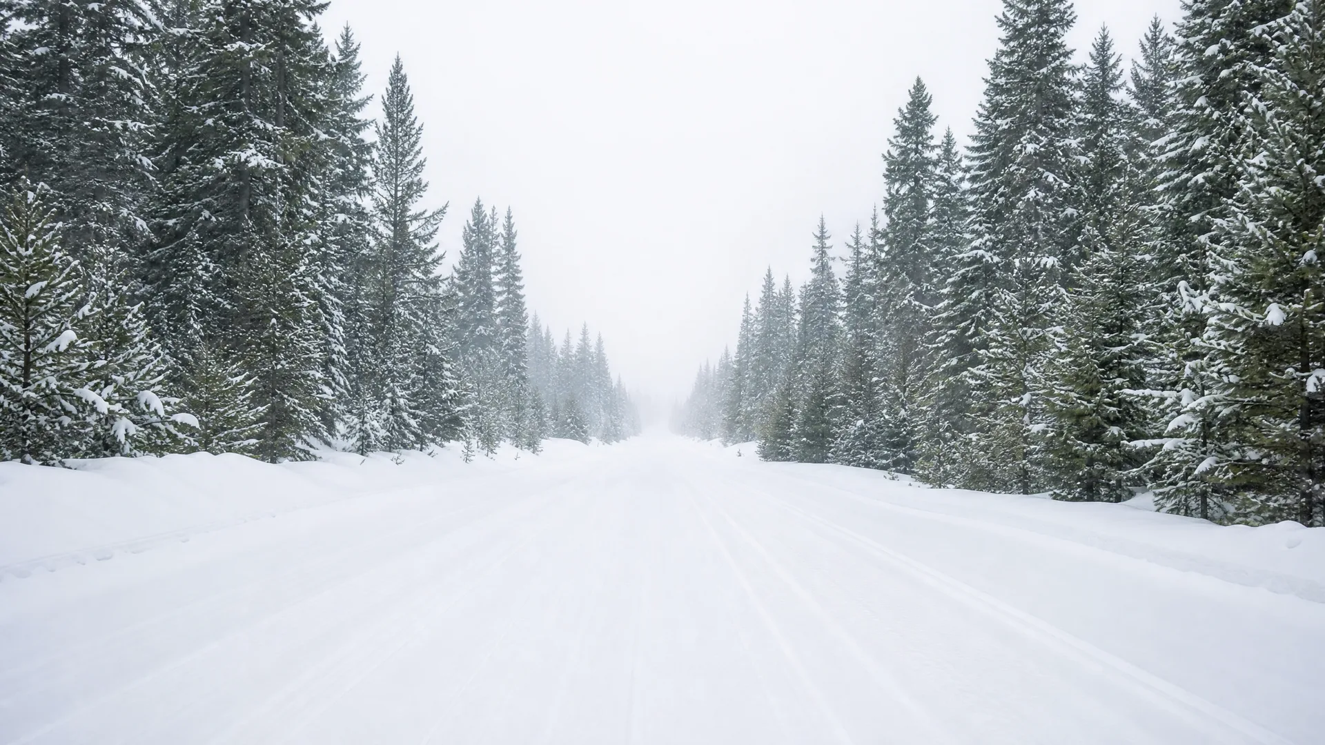 A snow-covered road with faint tire tracks runs straight toward a hazy horizon, flanked by dense snow-laden conifer trees under a pale overcast sky.
