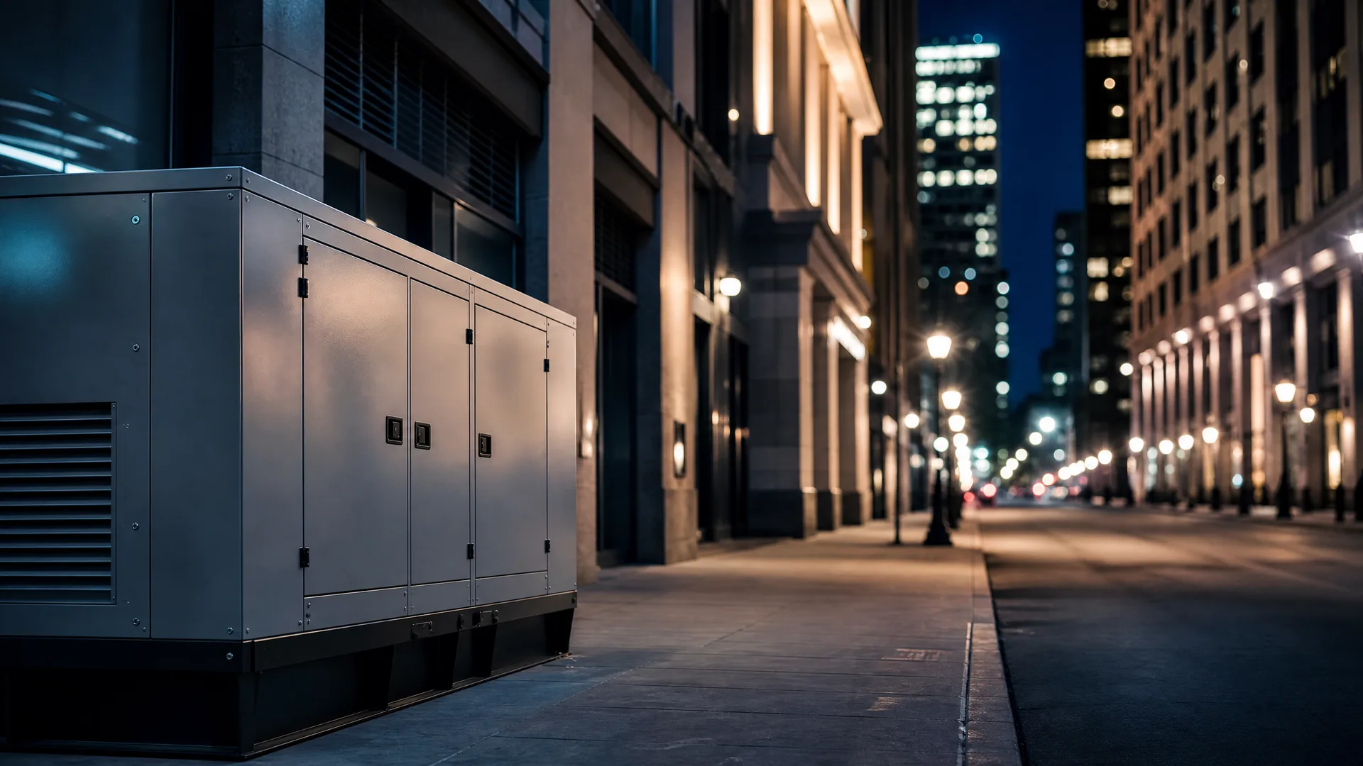 A large enclosed generator unit on a sidewalk beside a building at night, with a lit city street and high-rise buildings receding into the background.